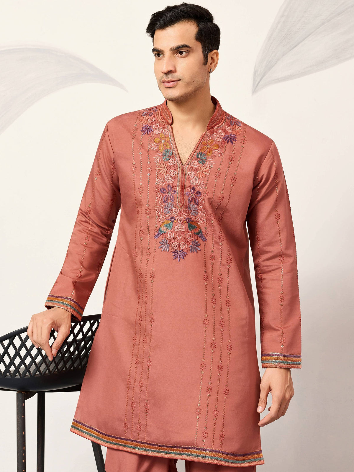 Men's embroidered kurta with floral and bird motifs, ideal for ethnic occasions