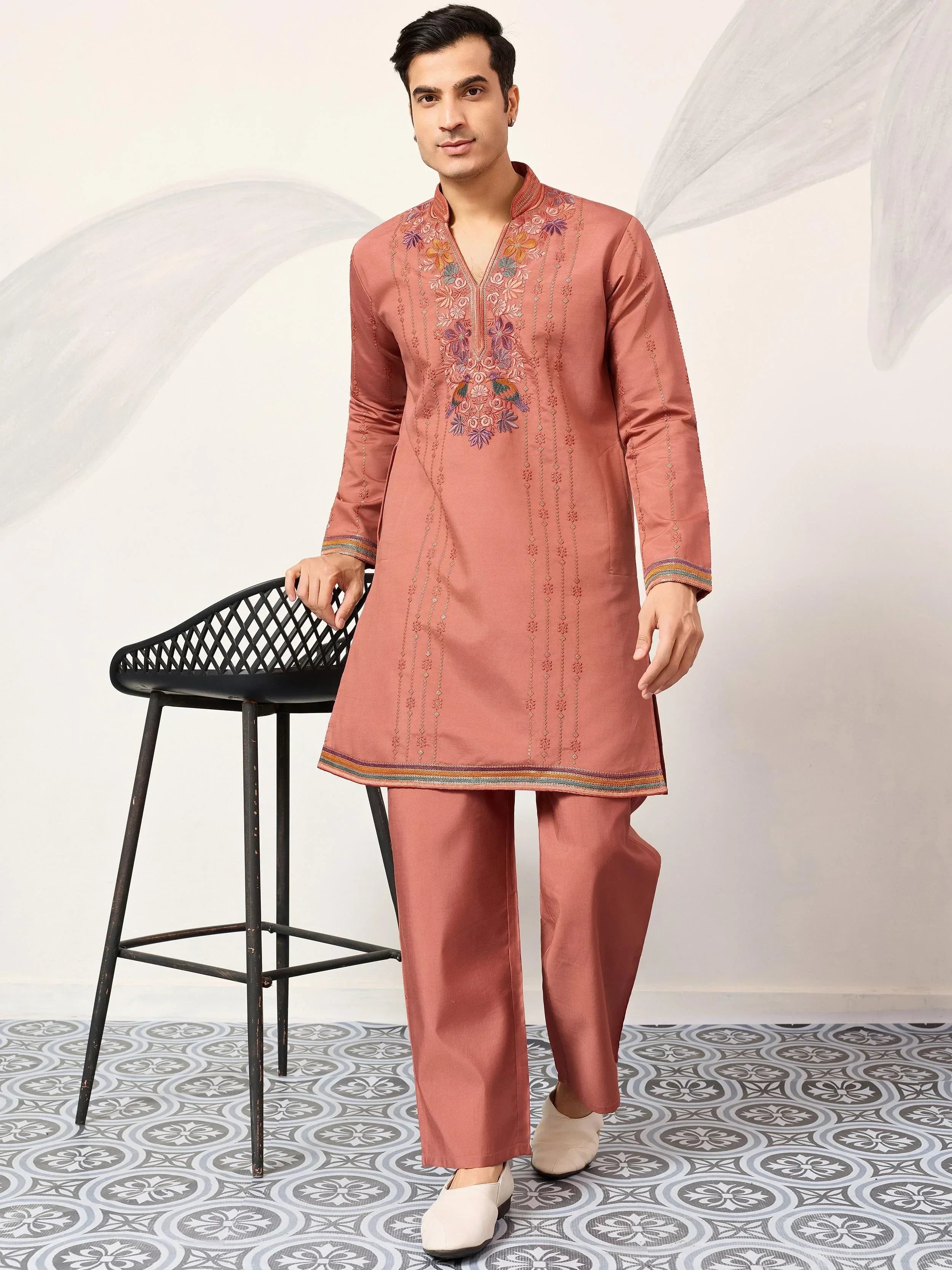 Beautiful Dusty Pink Embroidered Silk Festival Wear Men’s Kurta 