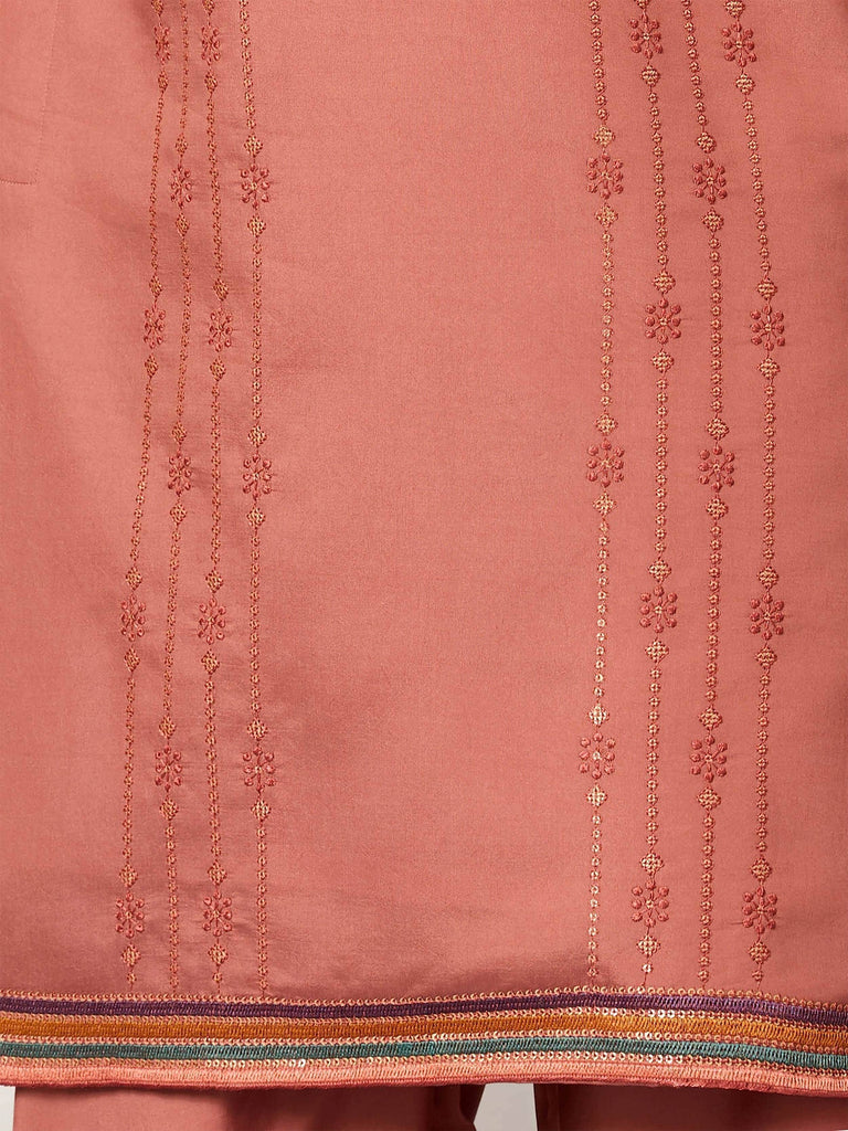 Pink ethnic saree with floral embroidery and colorful border