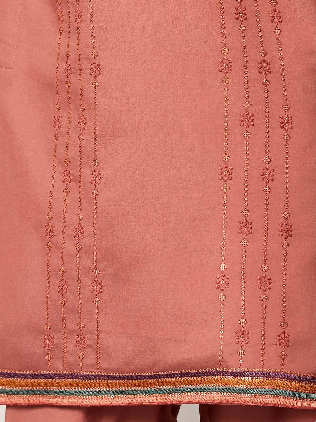 Pink ethnic saree with floral embroidery and colorful border