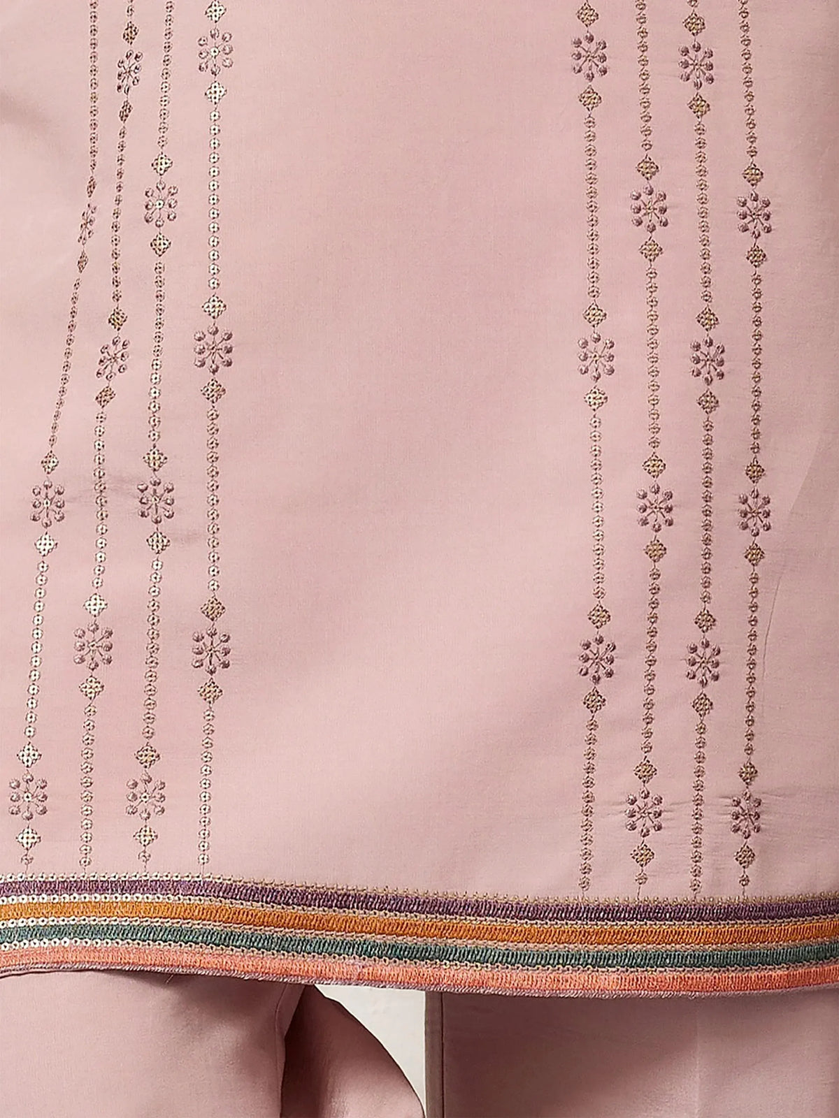 Pink ethnic saree with floral embroidery and colorful border