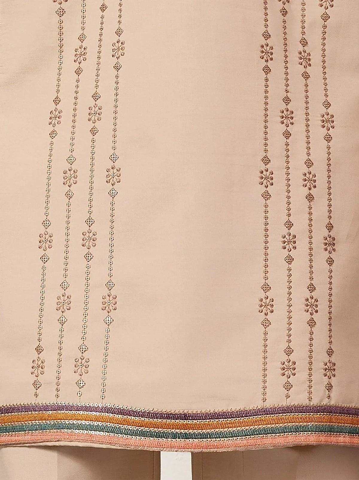 Beige ethnic wear fabric with vertical floral embroidery and colorful border, ideal for designer lehenga or saree