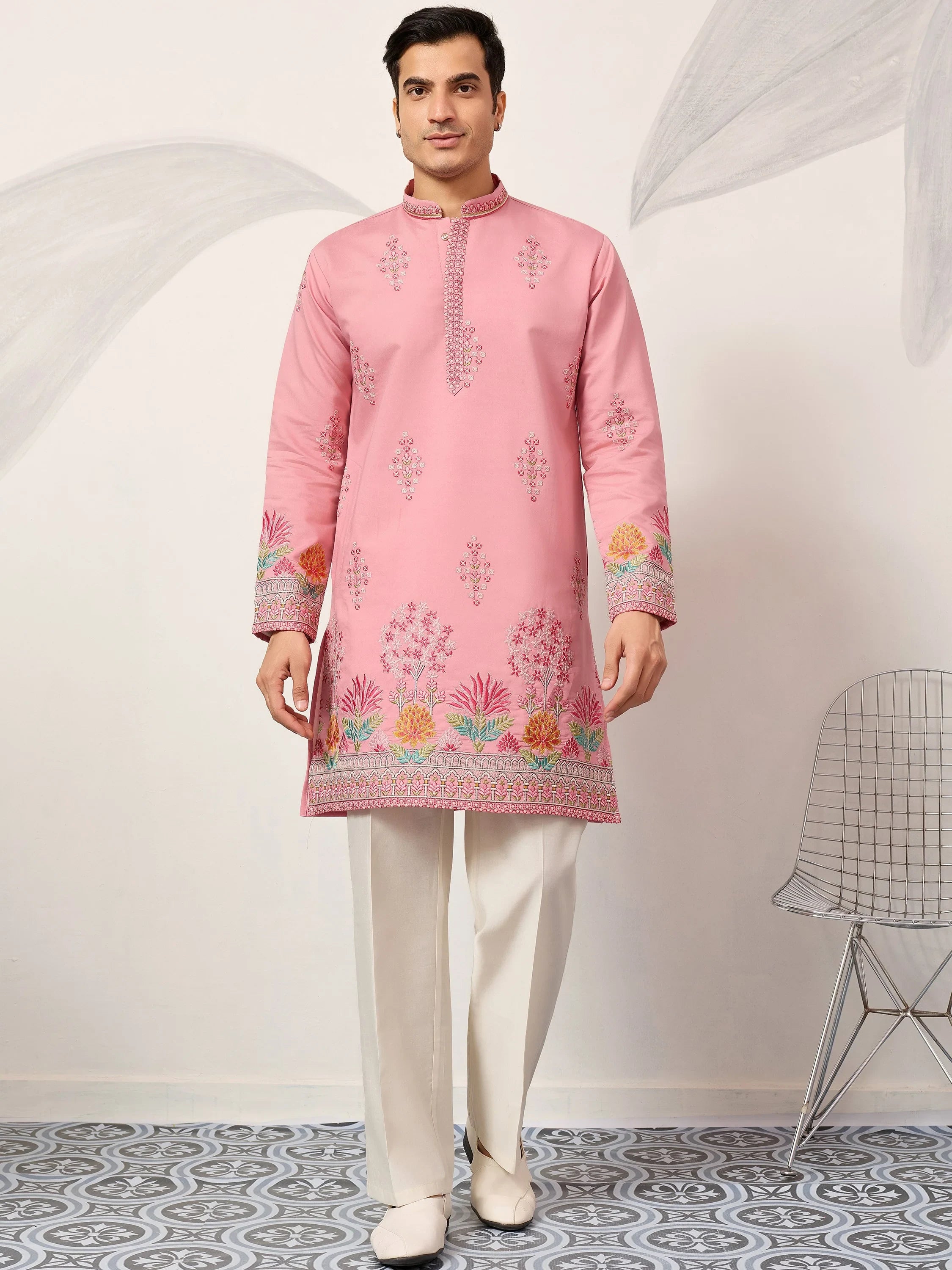 Glamorous Pink Thread Embroidered Silk Festival Wear Men’s Kurta