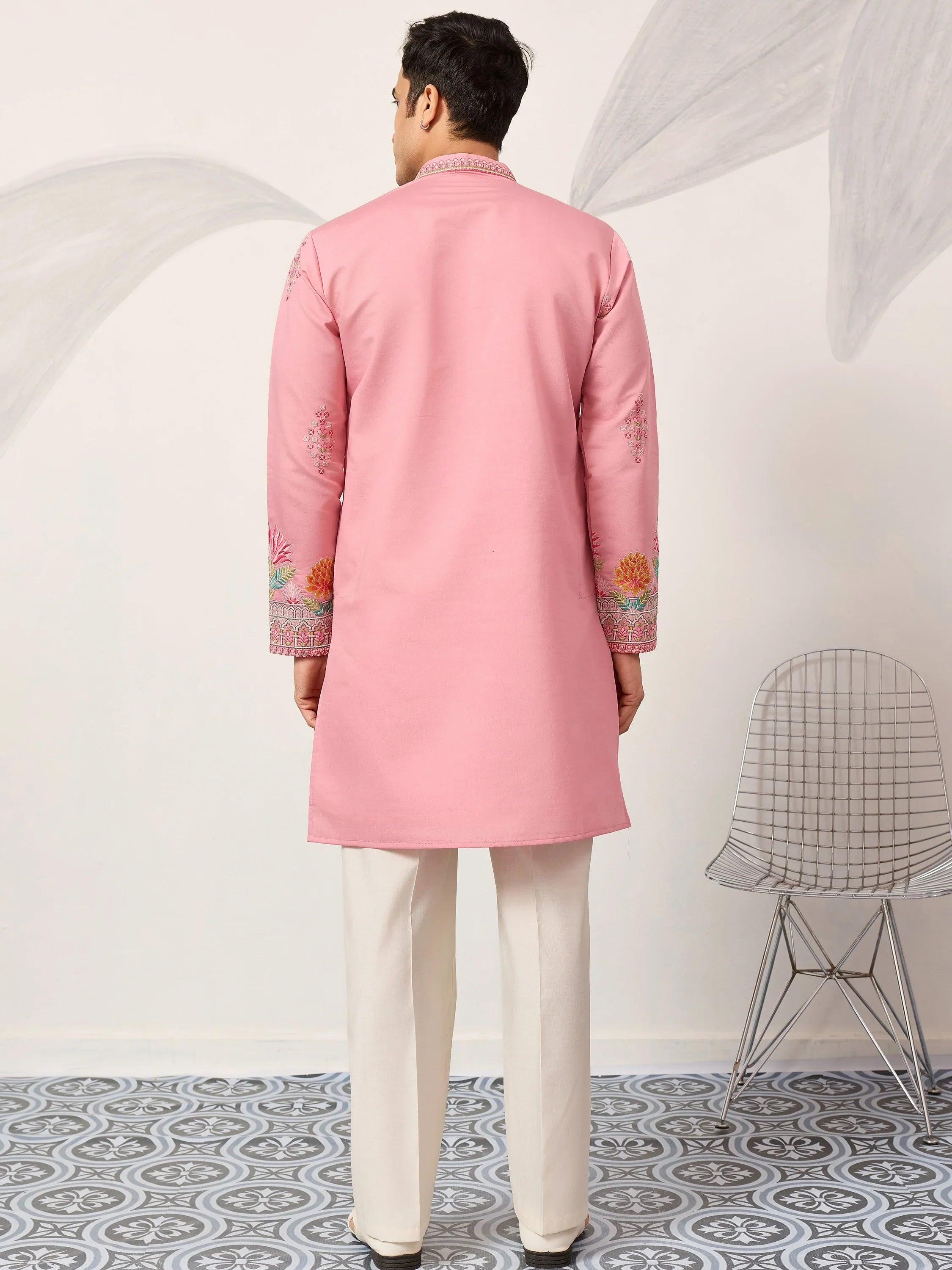 Glamorous Pink Thread Embroidered Silk Festival Wear Men’s Kurta