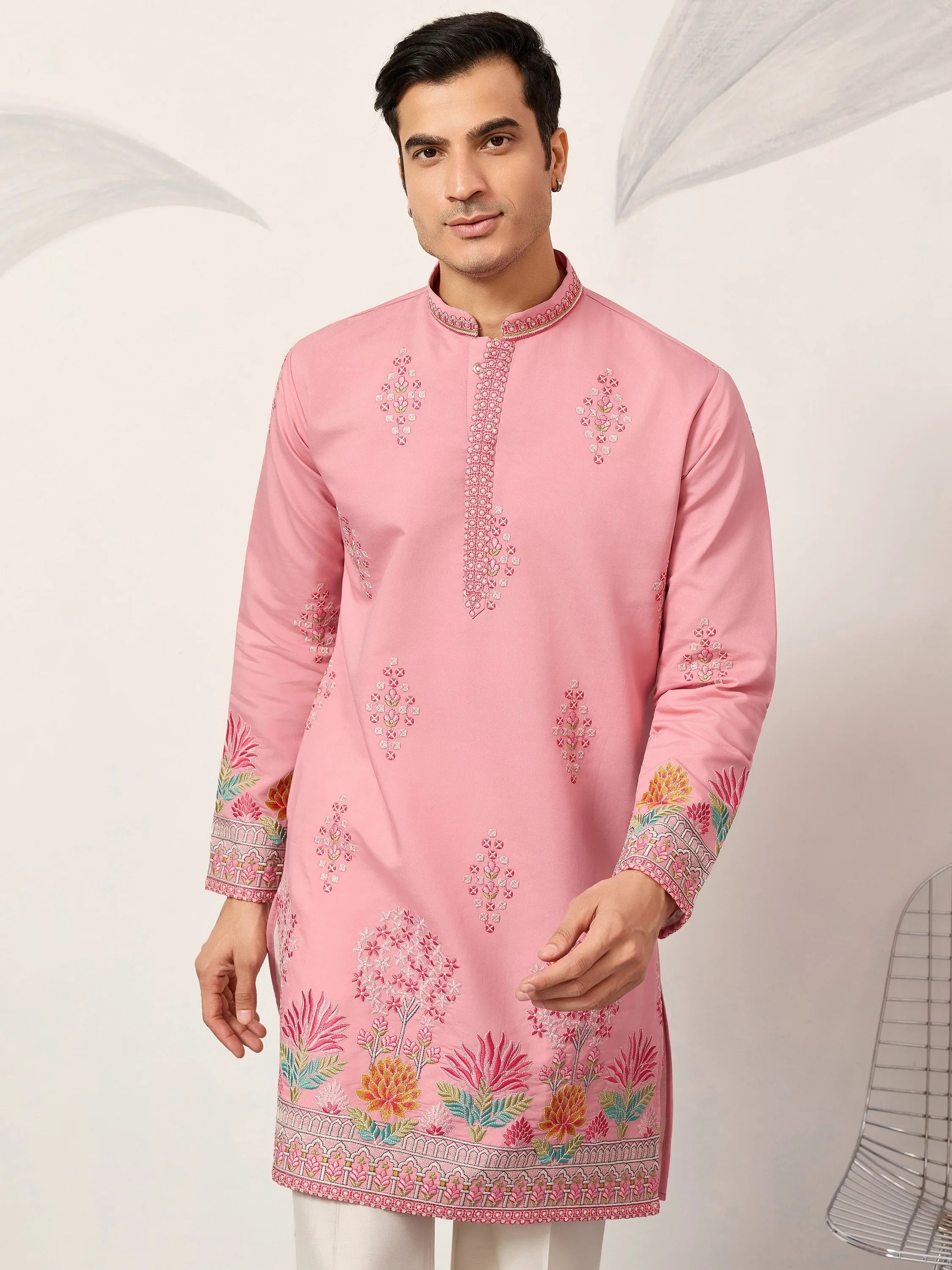 Glamorous Pink Thread Embroidered Silk Festival Wear Men’s Kurta