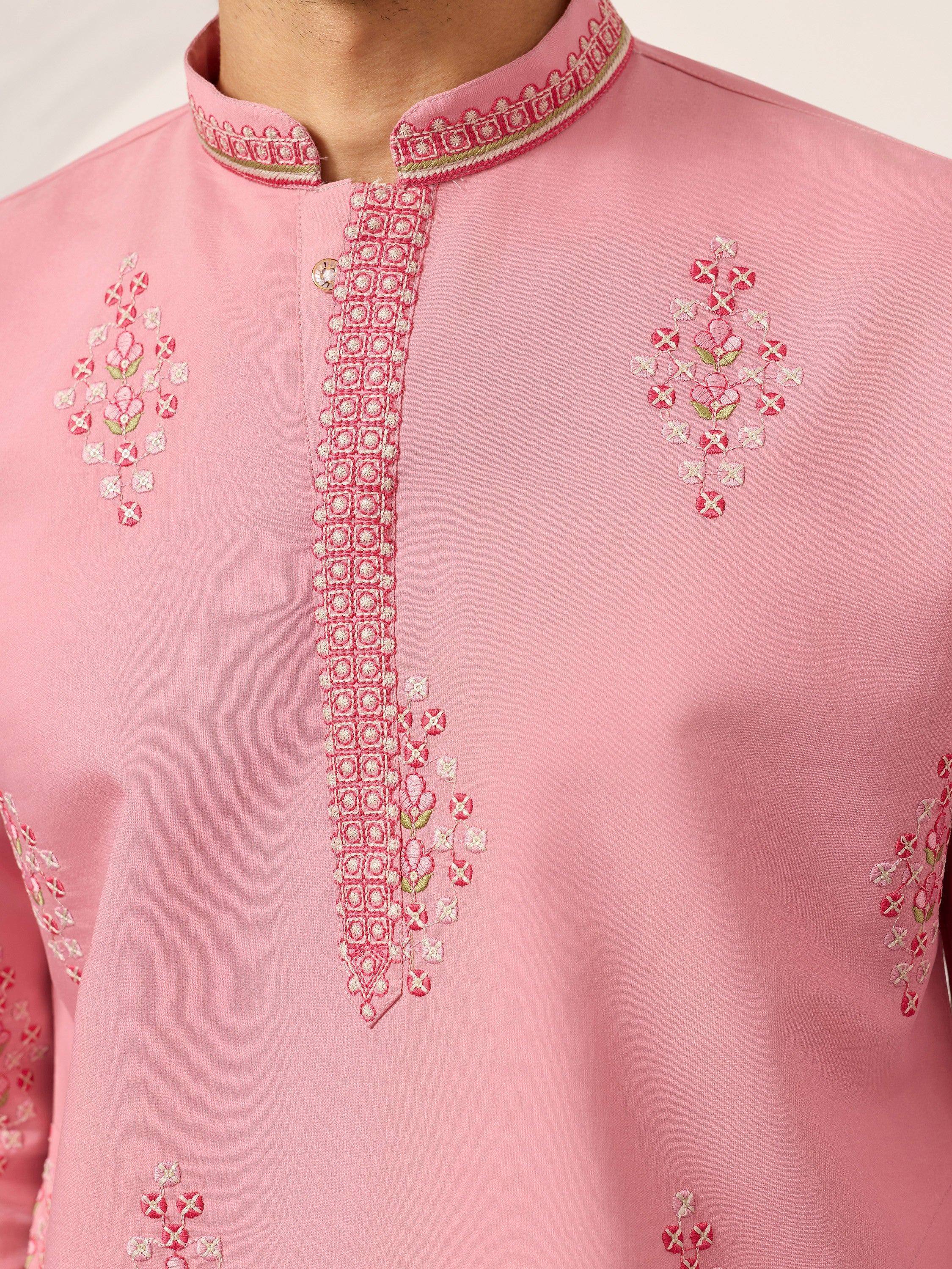 Glamorous Pink Thread Embroidered Silk Festival Wear Men’s Kurta