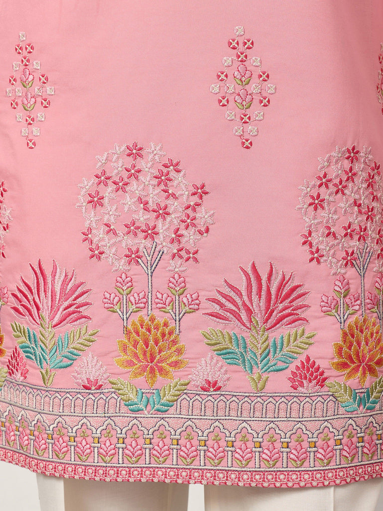 Glamorous Pink Thread Embroidered Silk Festival Wear Men’s Kurta