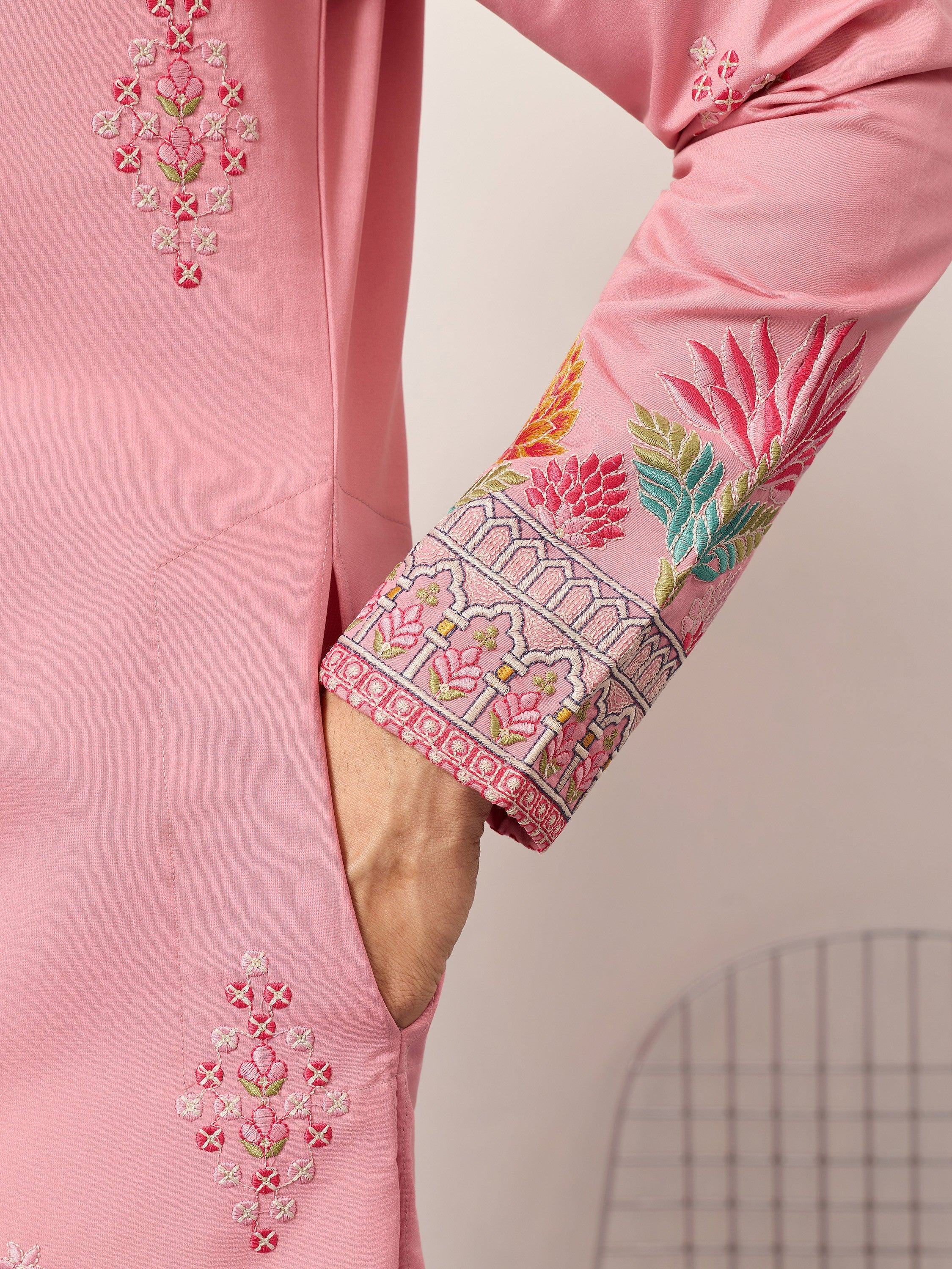 Glamorous Pink Thread Embroidered Silk Festival Wear Men’s Kurta