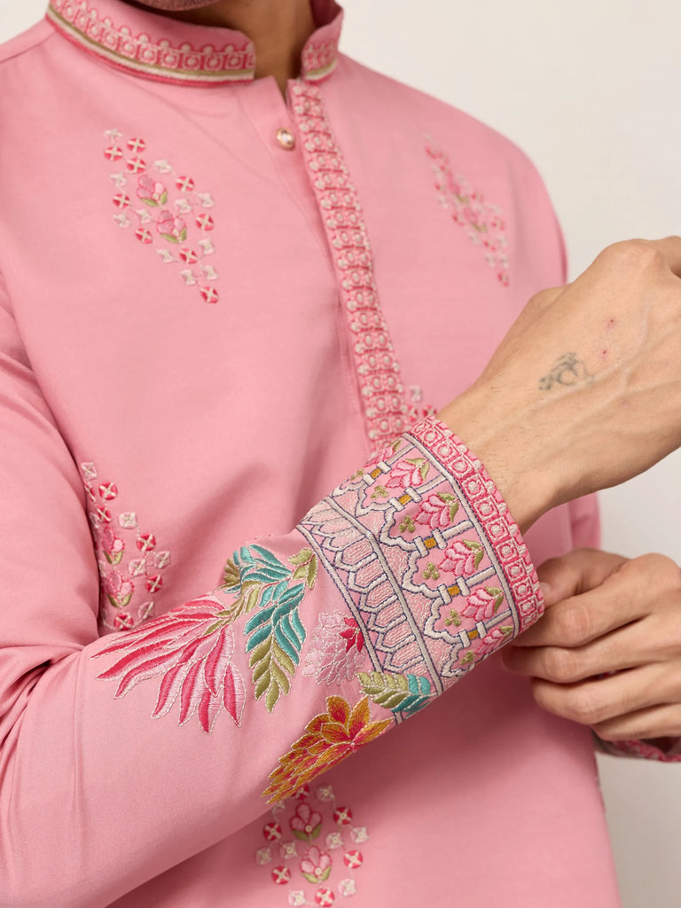 Glamorous Pink Thread Embroidered Silk Festival Wear Men’s Kurta