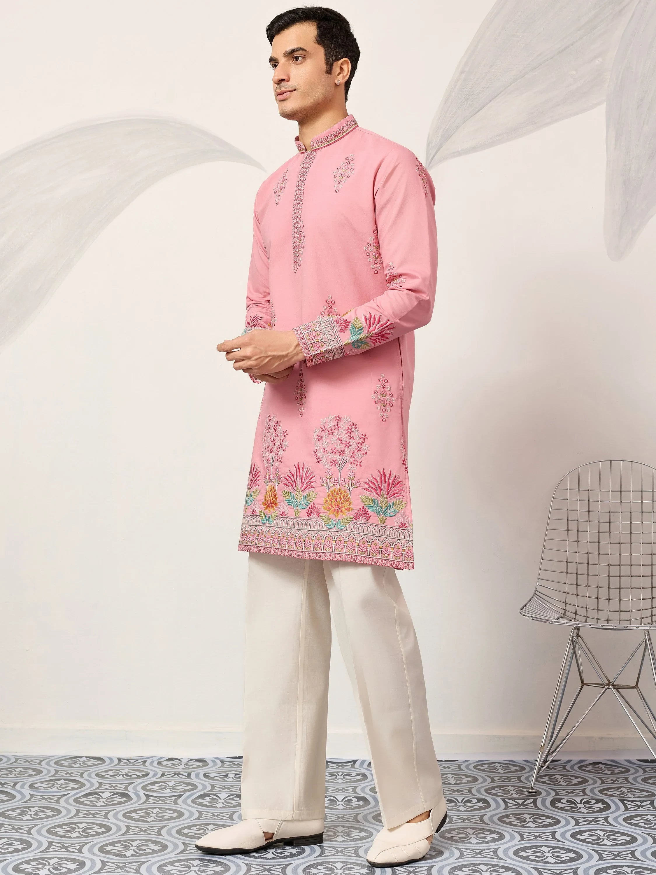 Glamorous Pink Thread Embroidered Silk Festival Wear Men’s Kurta