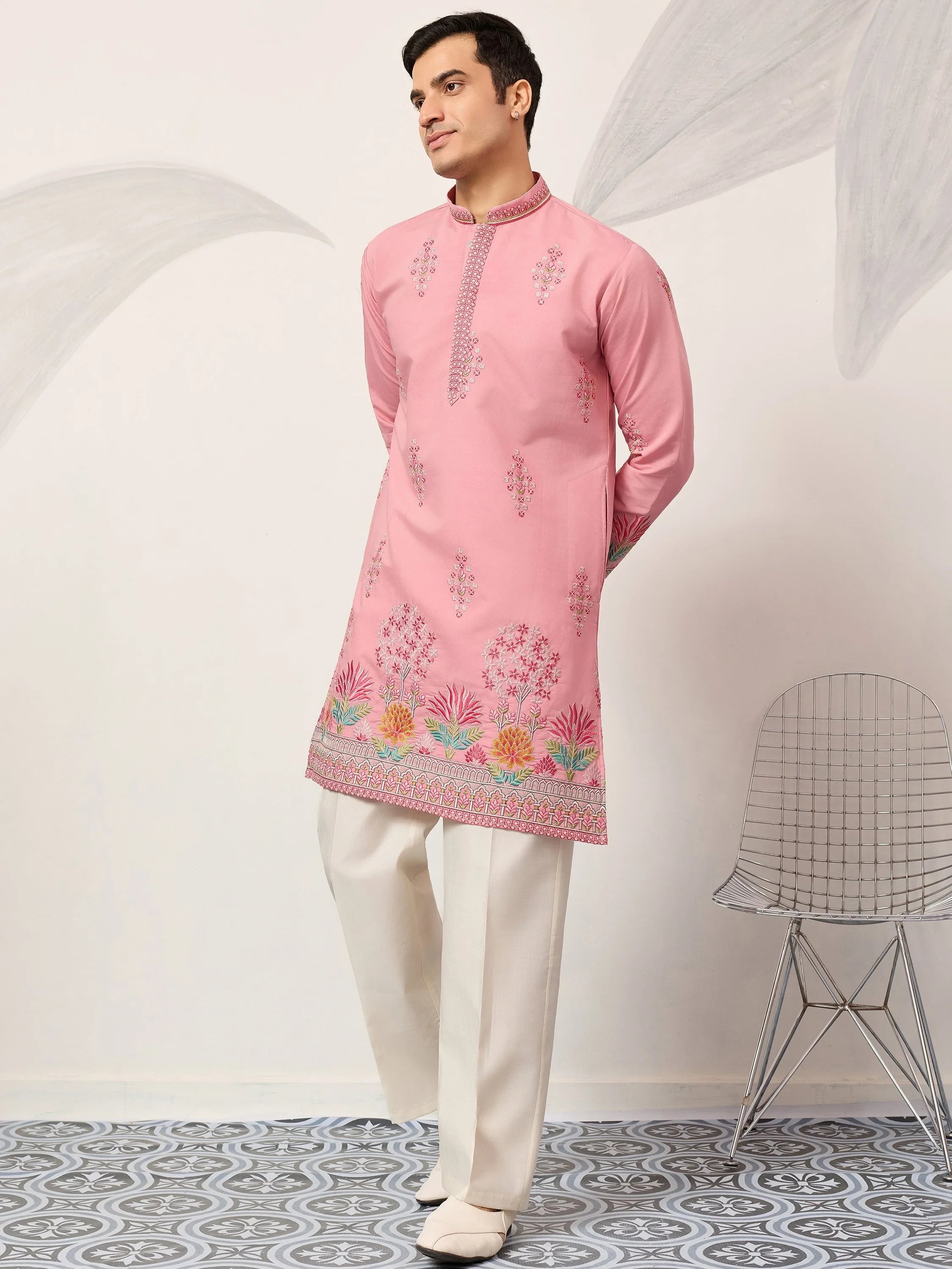 Glamorous Pink Thread Embroidered Silk Festival Wear Men’s Kurta