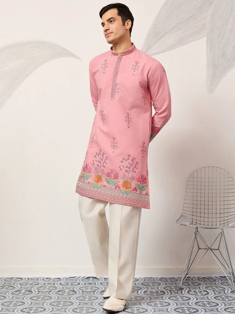 Glamorous Pink Thread Embroidered Silk Festival Wear Men’s Kurta