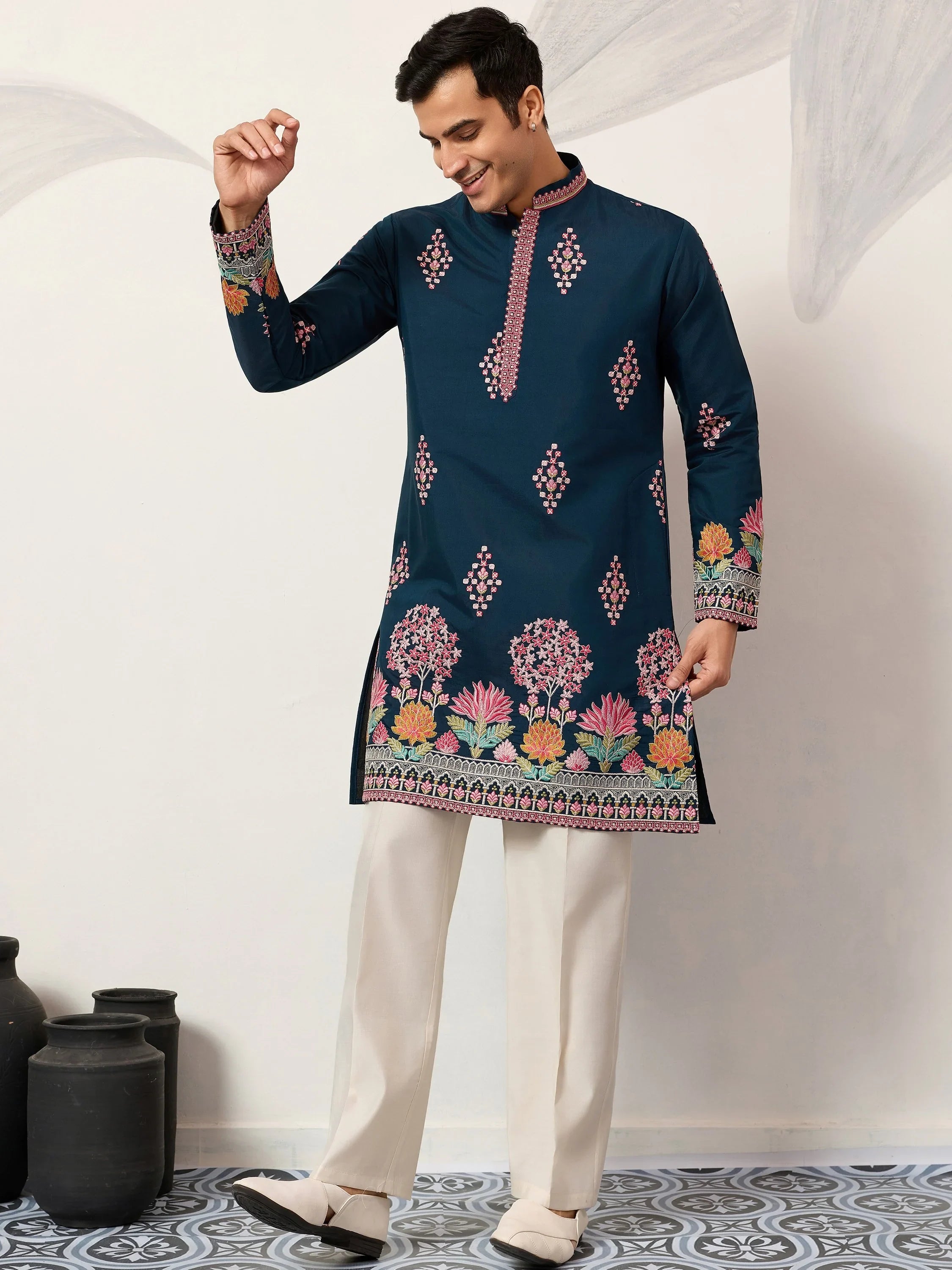 Gorgeous Teal Blue Thread Embroidered Silk Function Wear Men’s Kurta