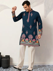 Gorgeous Teal Blue Thread Embroidered Silk Function Wear Men’s Kurta