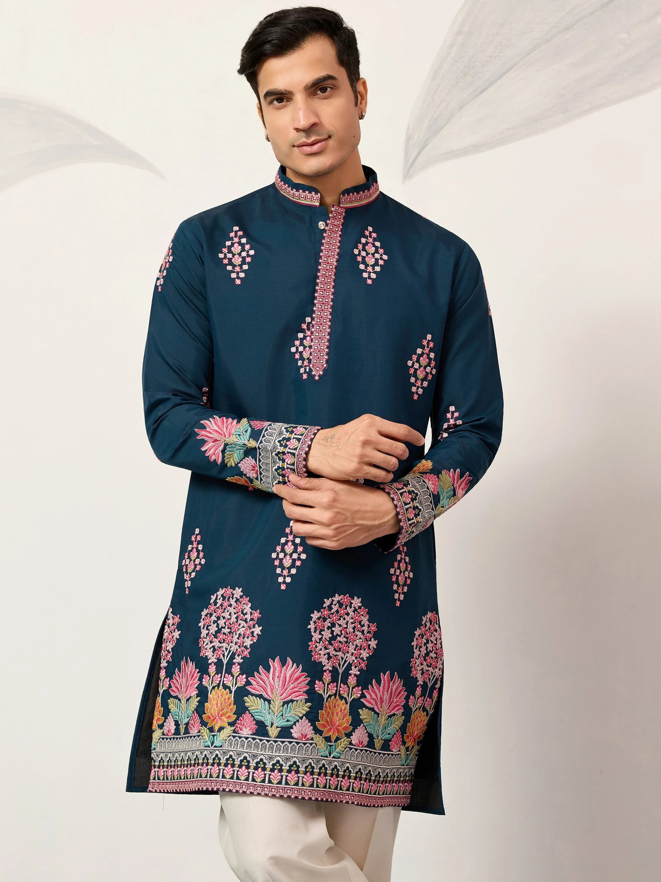 Gorgeous Teal Blue Thread Embroidered Silk Function Wear Men’s Kurta