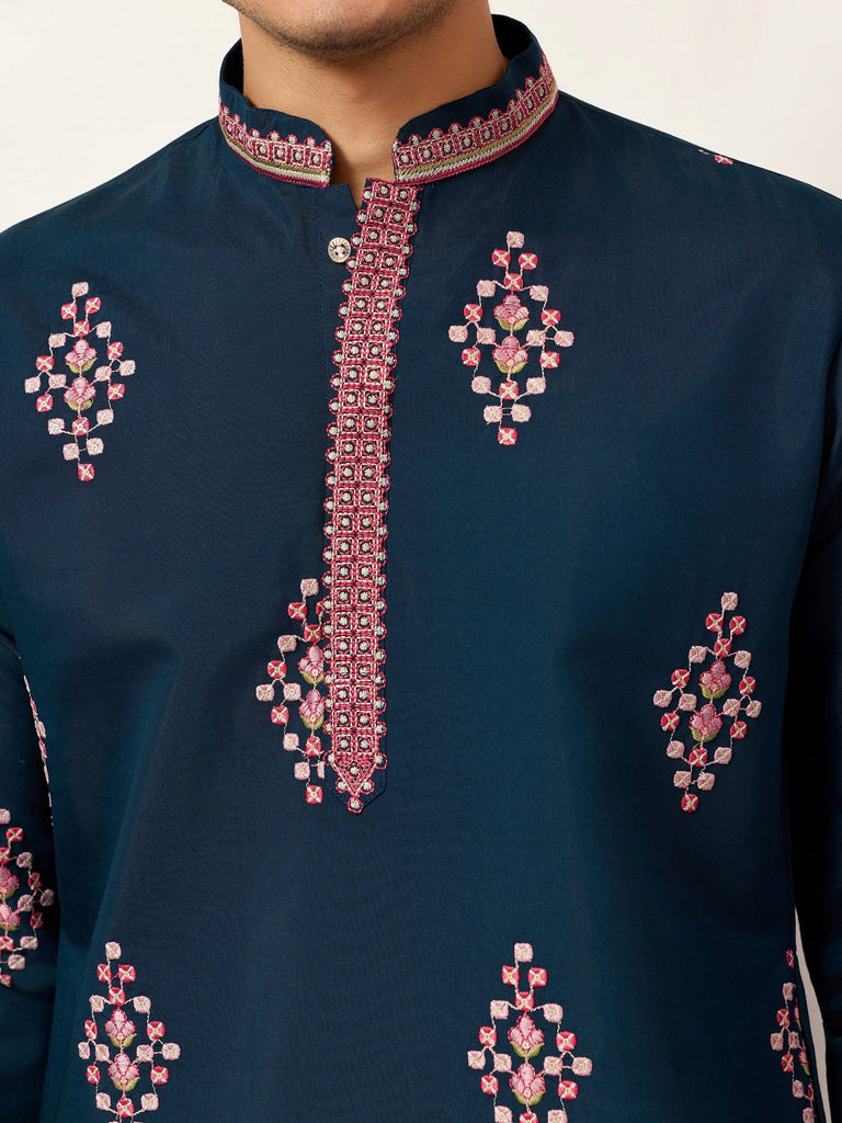 Gorgeous Teal Blue Thread Embroidered Silk Function Wear Men’s Kurta