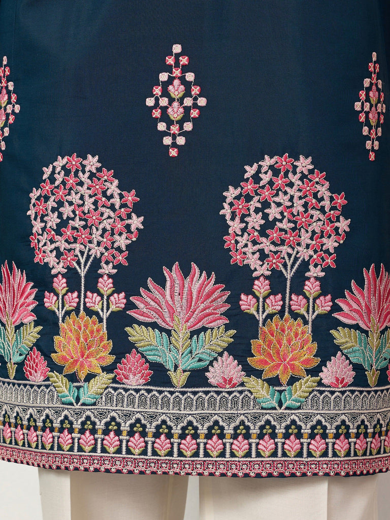 Gorgeous Teal Blue Thread Embroidered Silk Function Wear Men’s Kurta