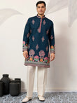 Gorgeous Teal Blue Thread Embroidered Silk Function Wear Men’s Kurta