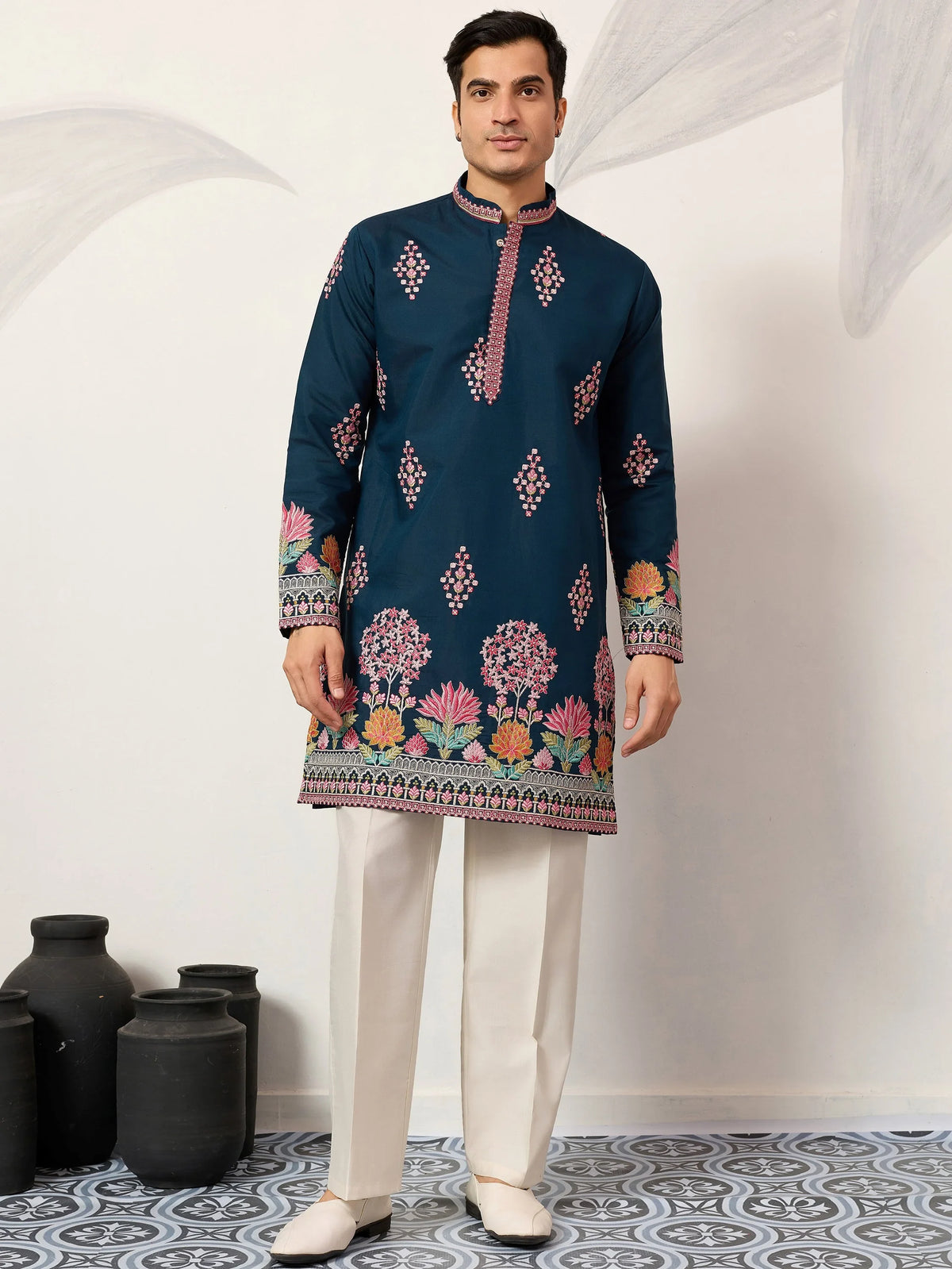 Gorgeous Teal Blue Thread Embroidered Silk Function Wear Men’s Kurta