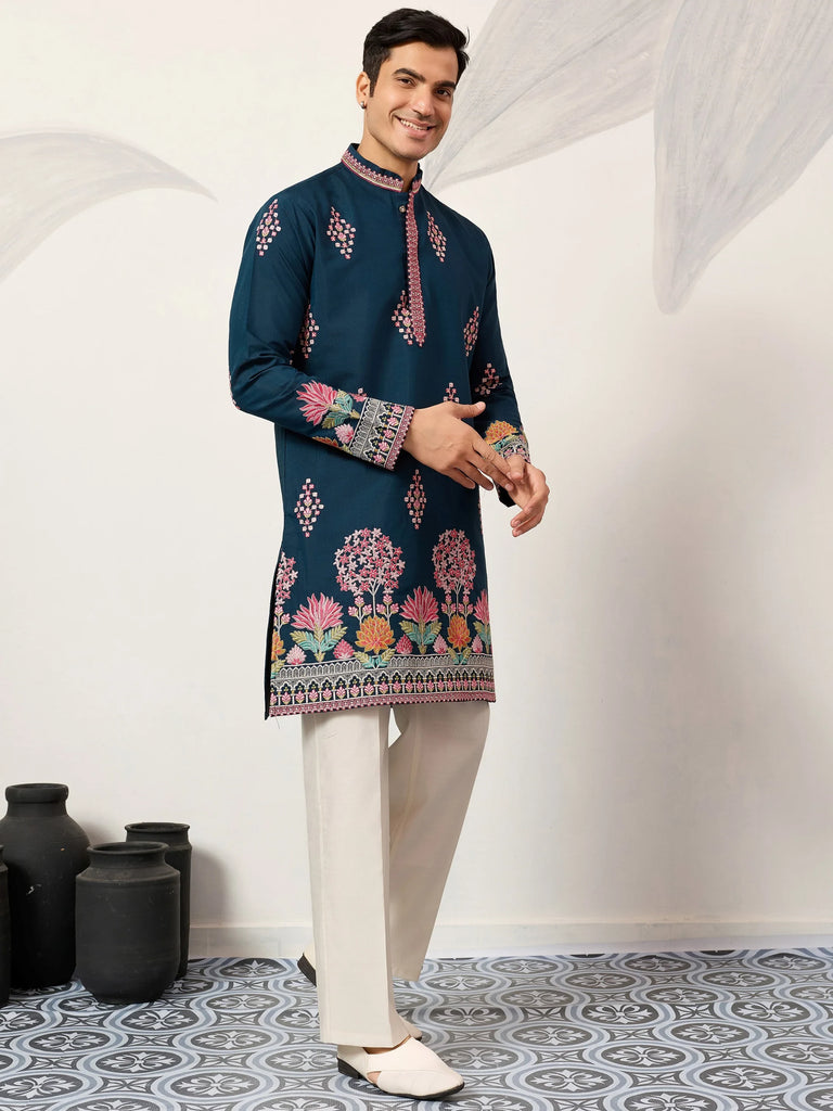 Gorgeous Teal Blue Thread Embroidered Silk Function Wear Men’s Kurta