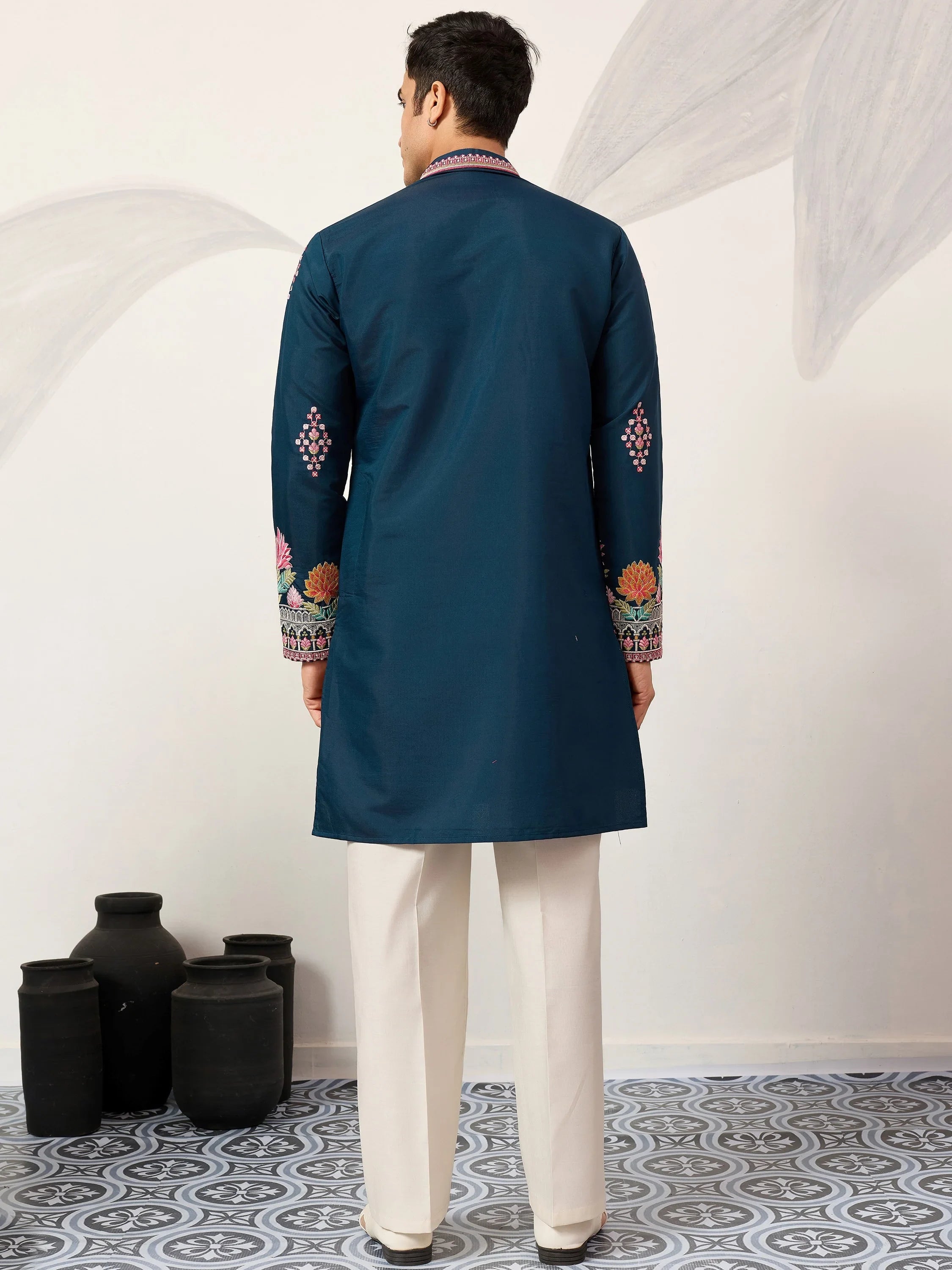 Gorgeous Teal Blue Thread Embroidered Silk Function Wear Men’s Kurta
