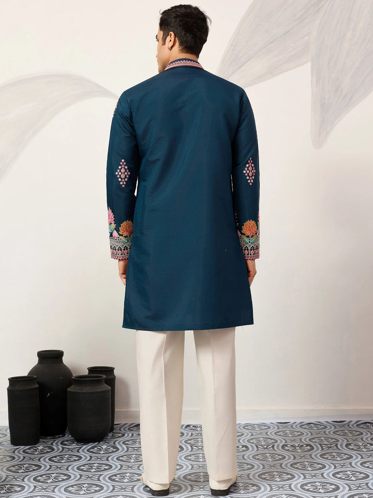 Gorgeous Teal Blue Thread Embroidered Silk Function Wear Men’s Kurta