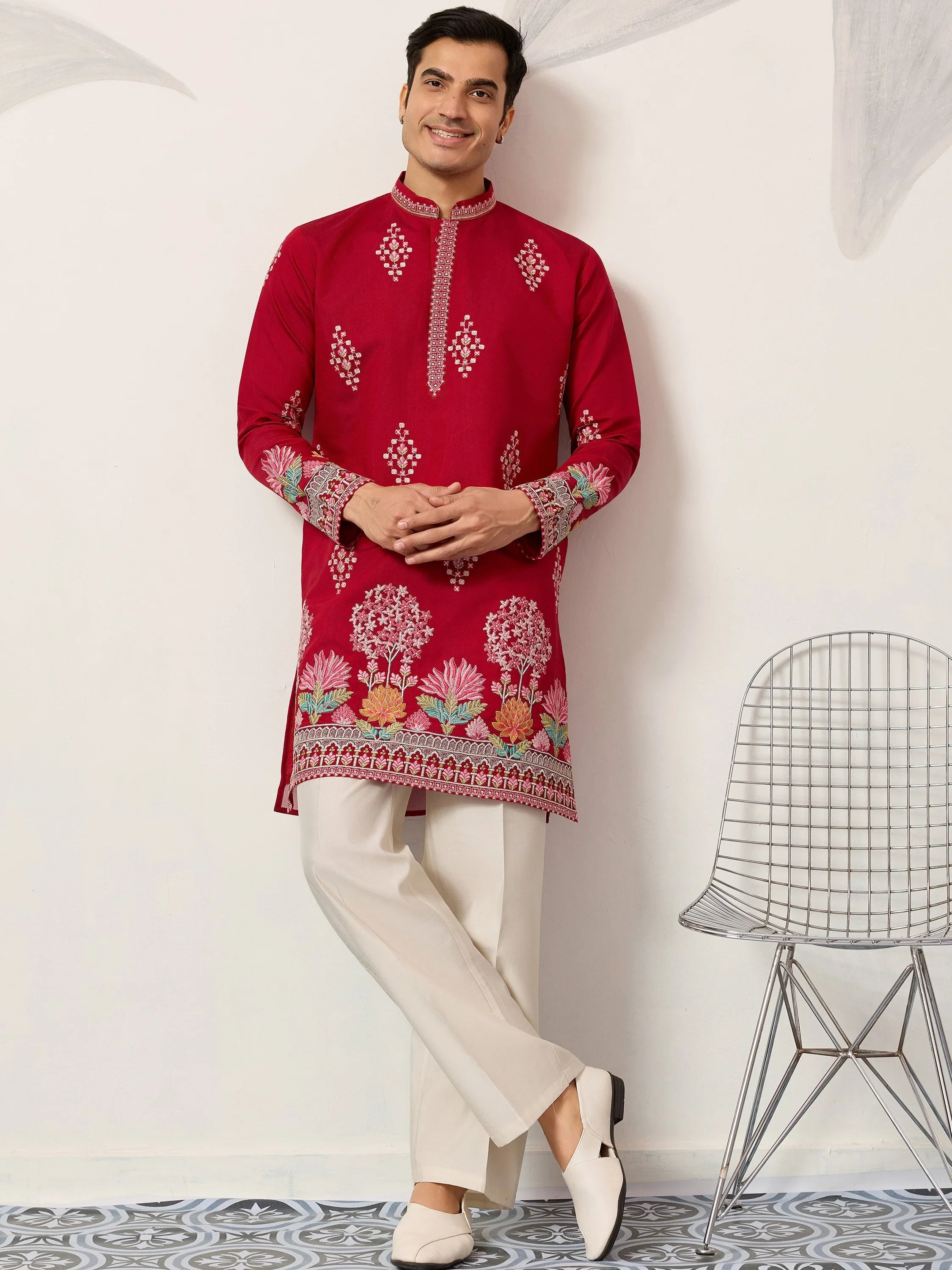 Elegant Red Thread Embroidered Silk Wedding Wear Men’s Kurta