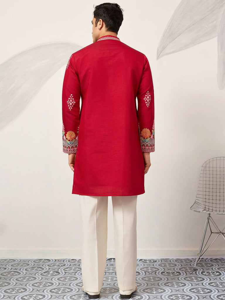 Elegant Red Thread Embroidered Silk Wedding Wear Men’s Kurta