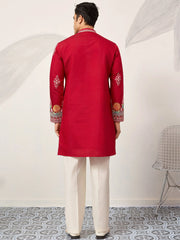 Elegant Red Thread Embroidered Silk Wedding Wear Men’s Kurta