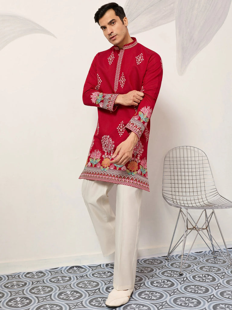 Elegant Red Thread Embroidered Silk Wedding Wear Men’s Kurta