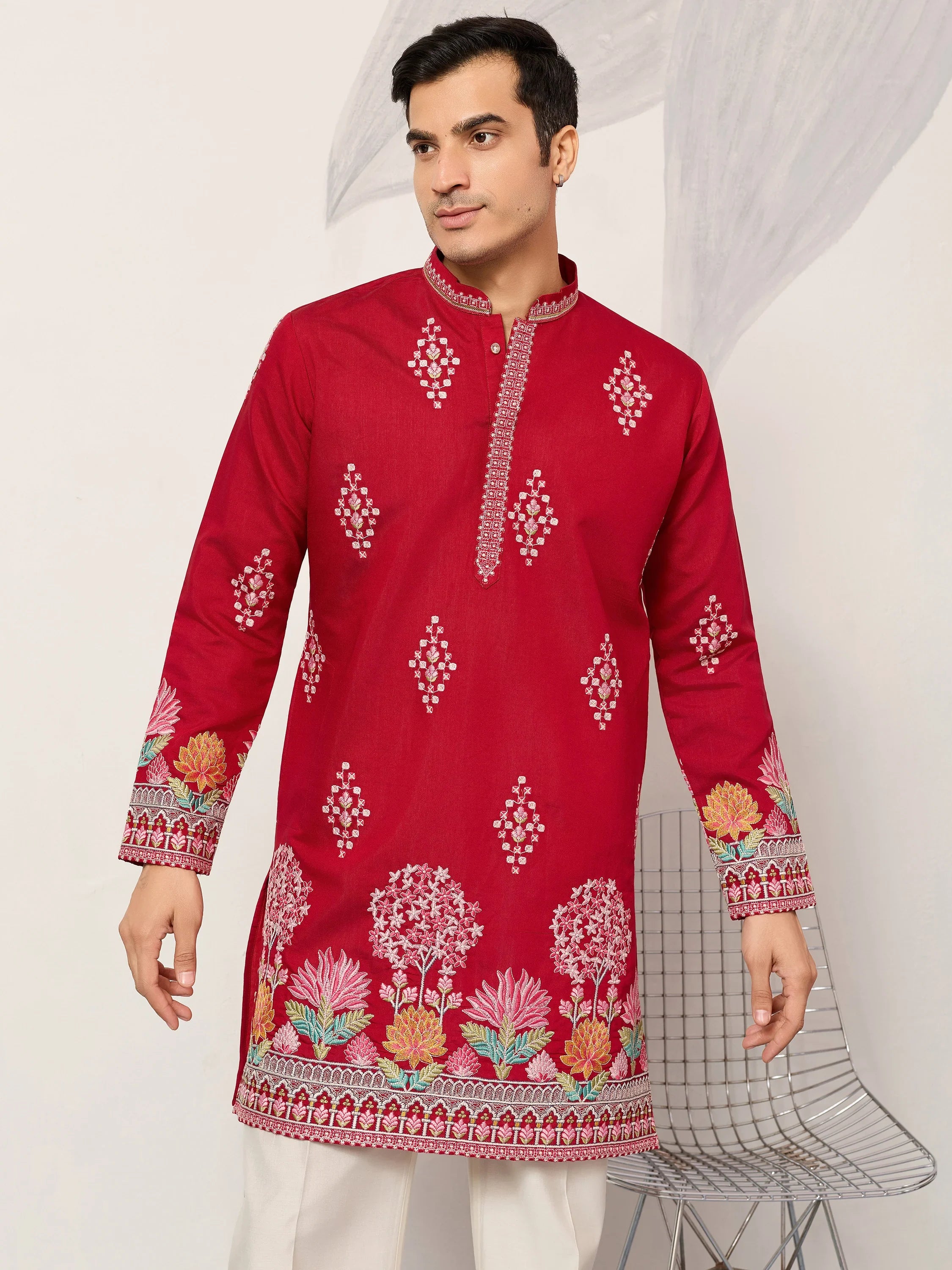 Elegant Red Thread Embroidered Silk Wedding Wear Men’s Kurta