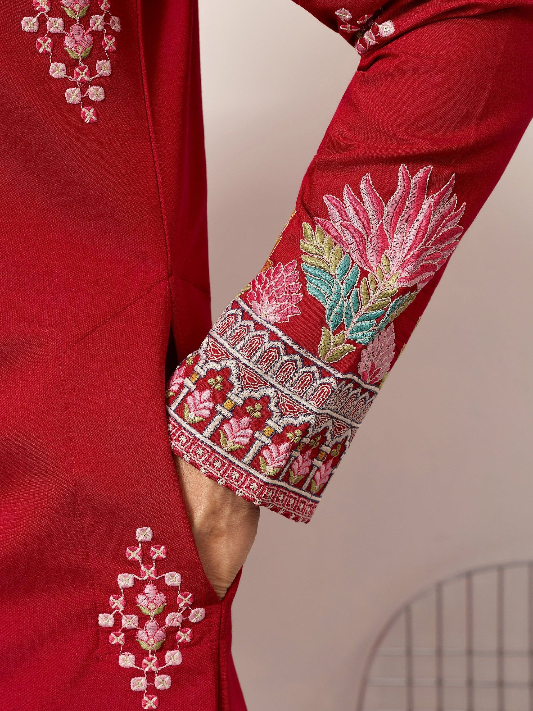 Elegant Red Thread Embroidered Silk Wedding Wear Men’s Kurta