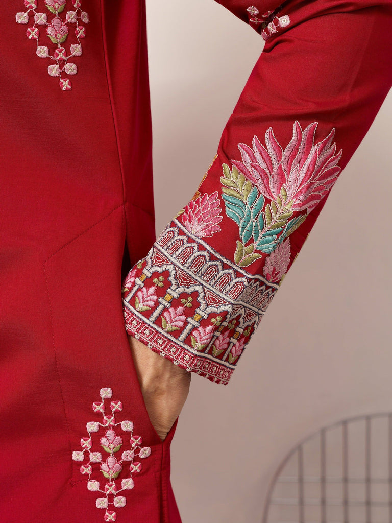 Elegant Red Thread Embroidered Silk Wedding Wear Men’s Kurta