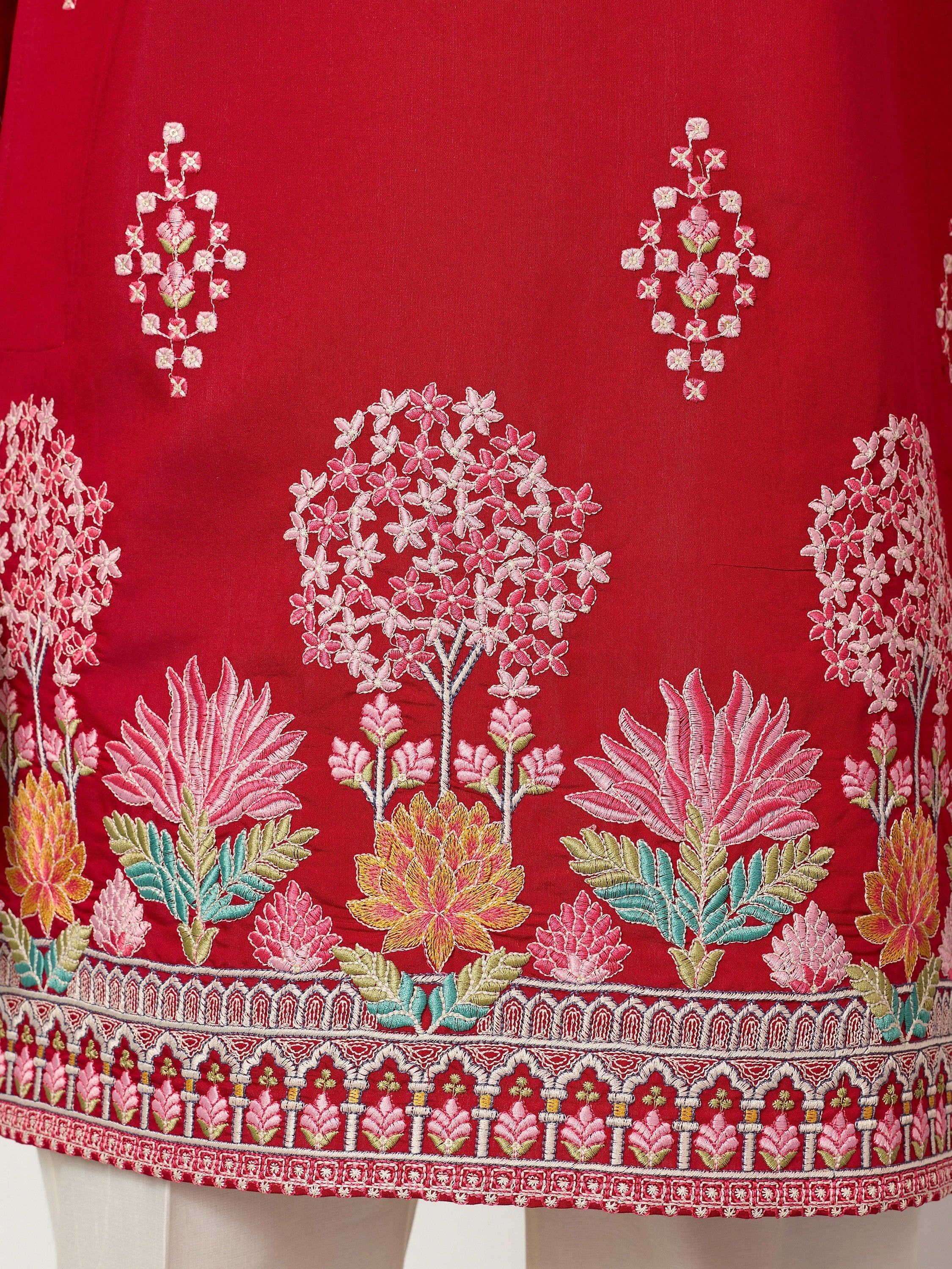 Elegant Red Thread Embroidered Silk Wedding Wear Men’s Kurta