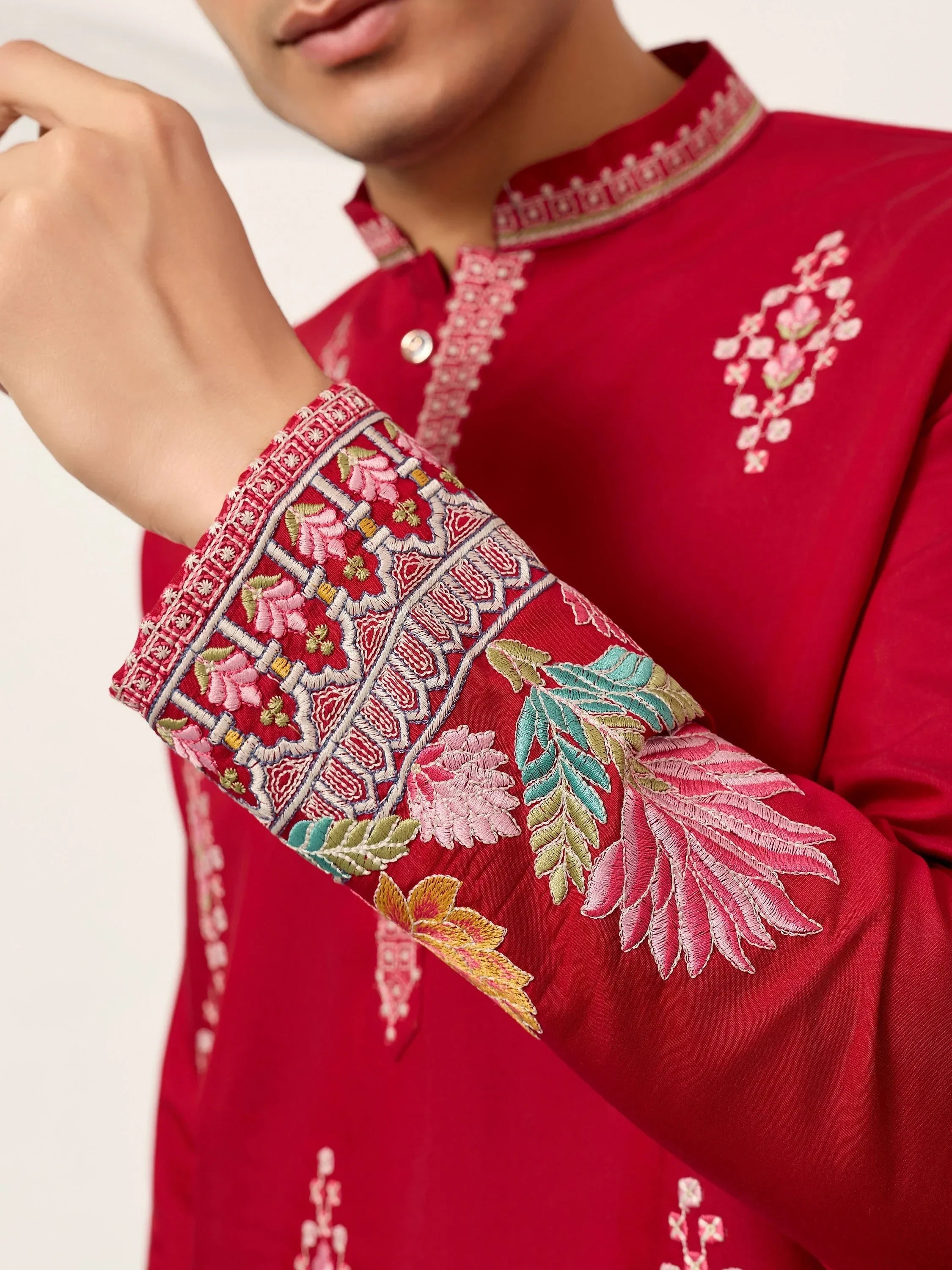 Elegant Red Thread Embroidered Silk Wedding Wear Men’s Kurta