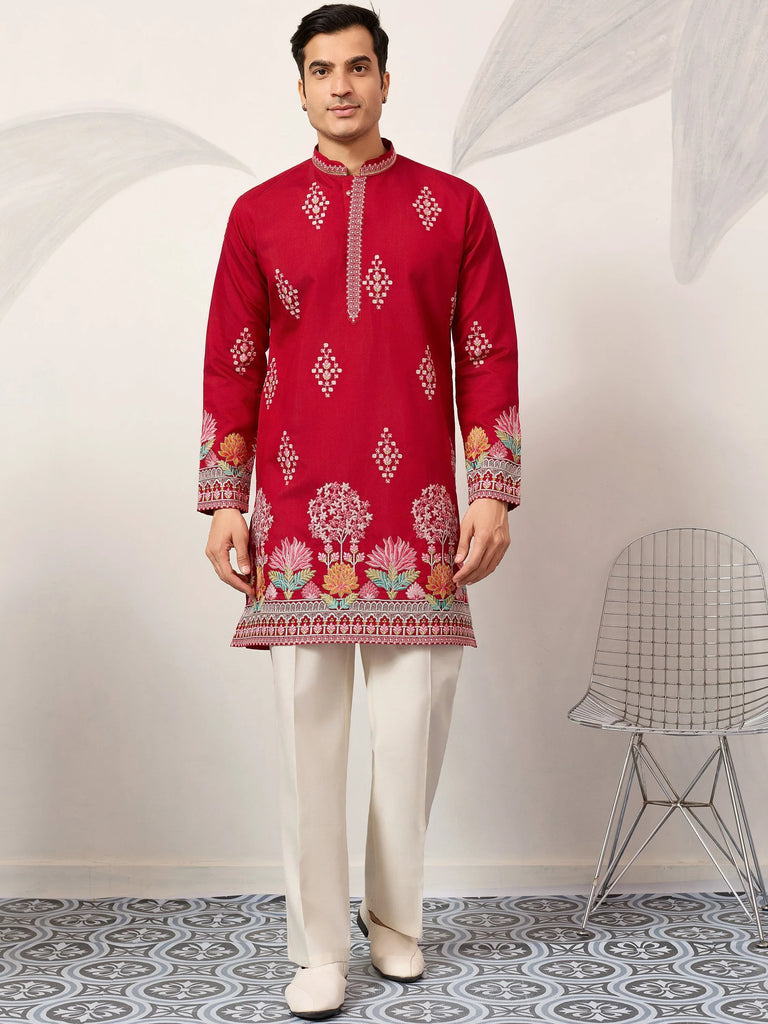 Elegant Red Thread Embroidered Silk Wedding Wear Men’s Kurta