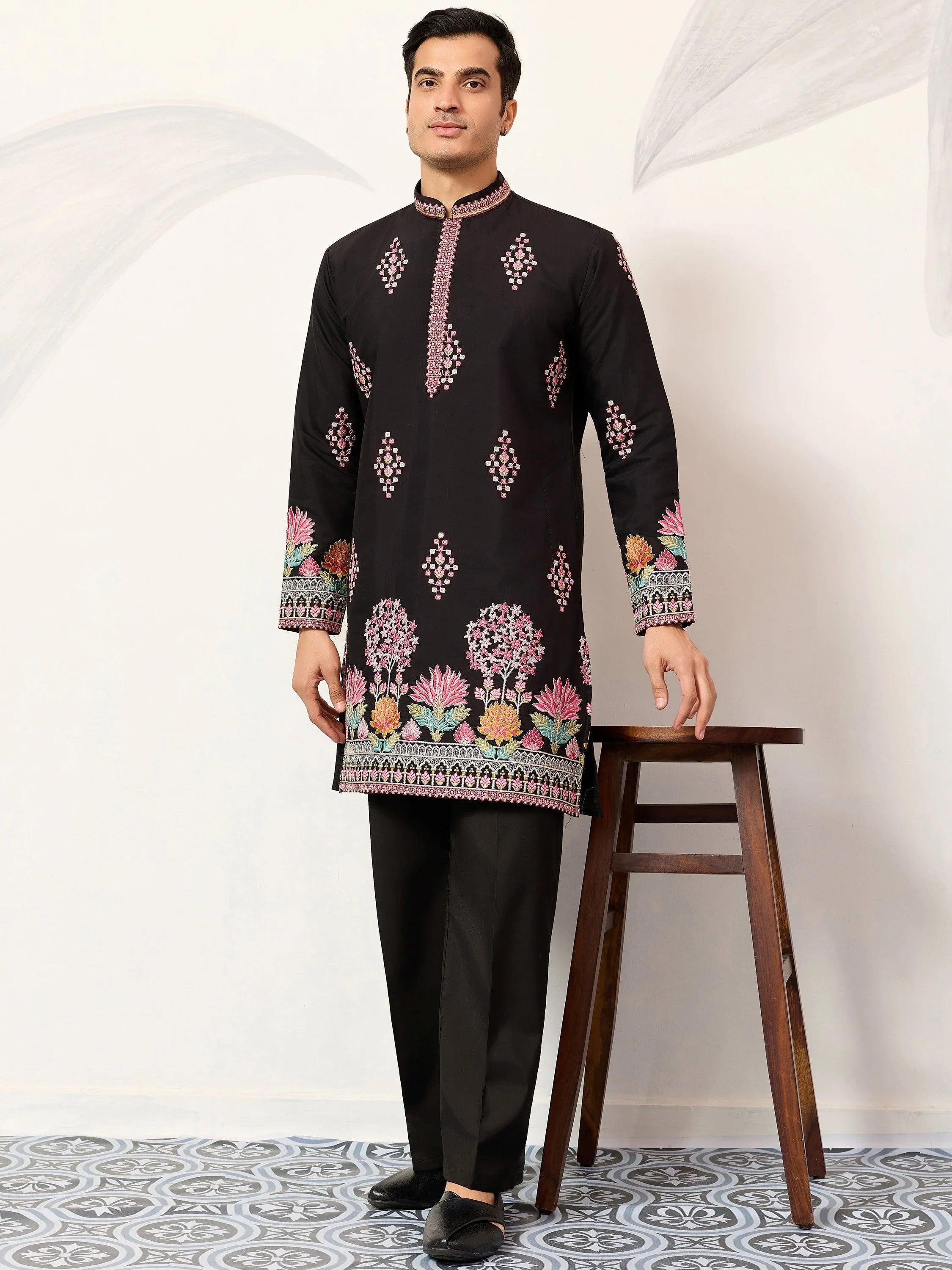 Graceful Black Thread Embroidered Silk Function Wear Men’s Kurta