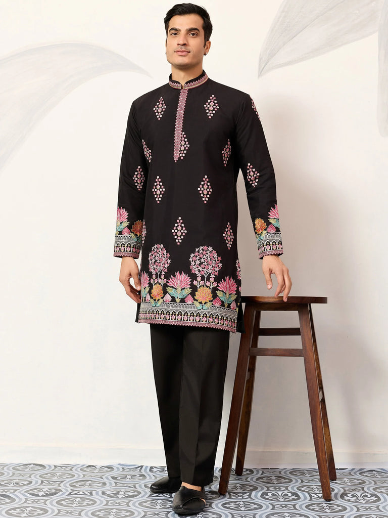 Graceful Black Thread Embroidered Silk Function Wear Men’s Kurta