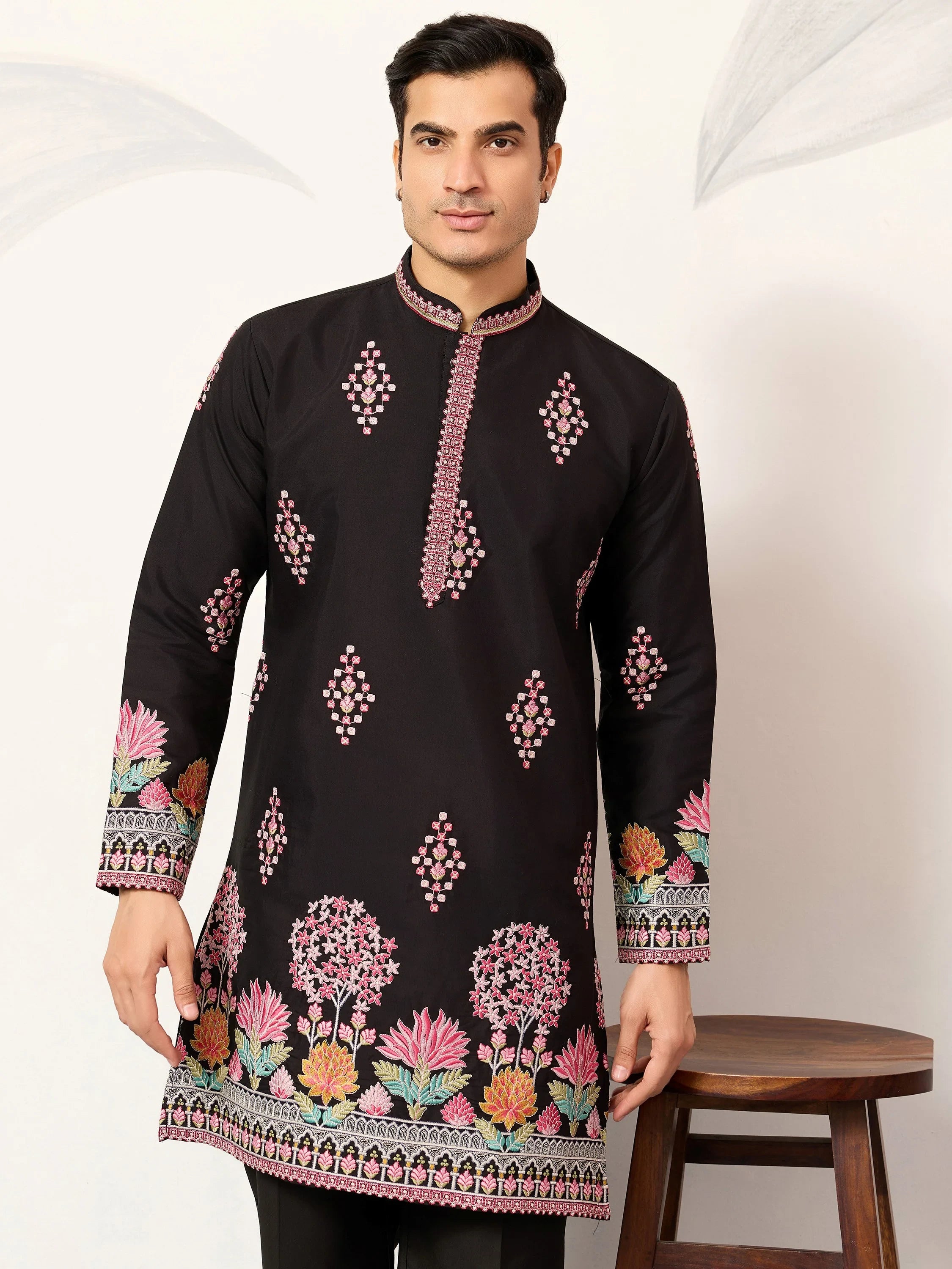 Graceful Black Thread Embroidered Silk Function Wear Men’s Kurta