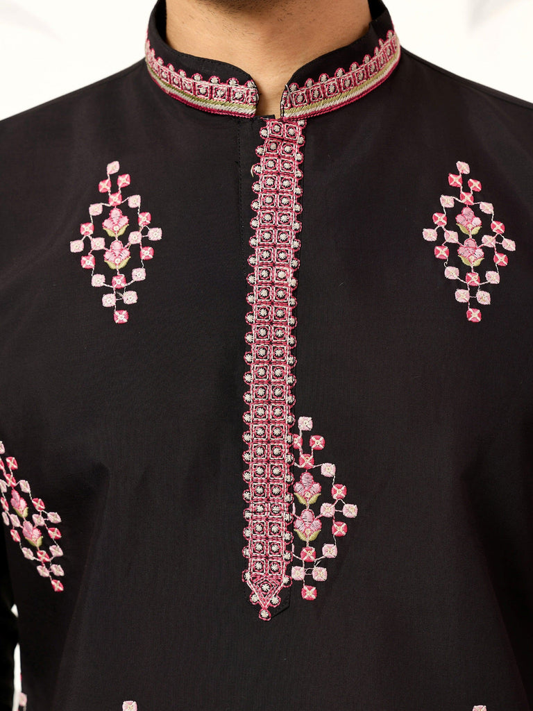 Graceful Black Thread Embroidered Silk Function Wear Men’s Kurta