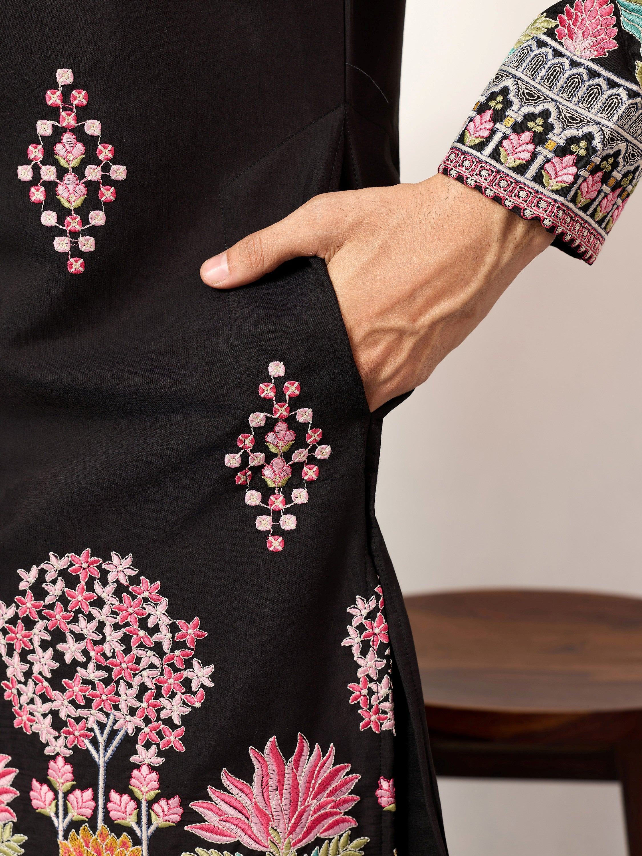 Graceful Black Thread Embroidered Silk Function Wear Men’s Kurta