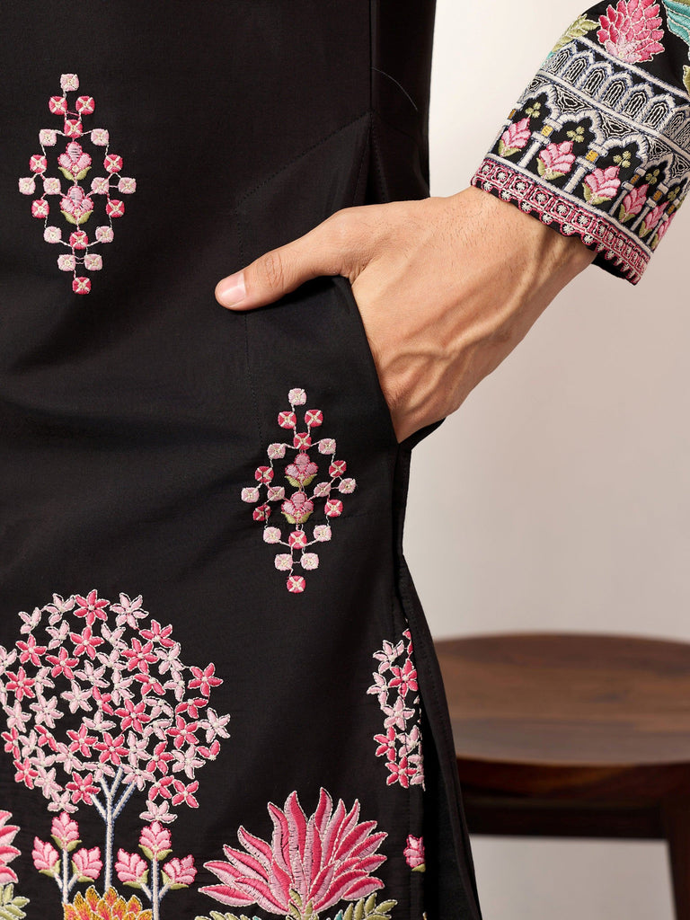 Graceful Black Thread Embroidered Silk Function Wear Men’s Kurta