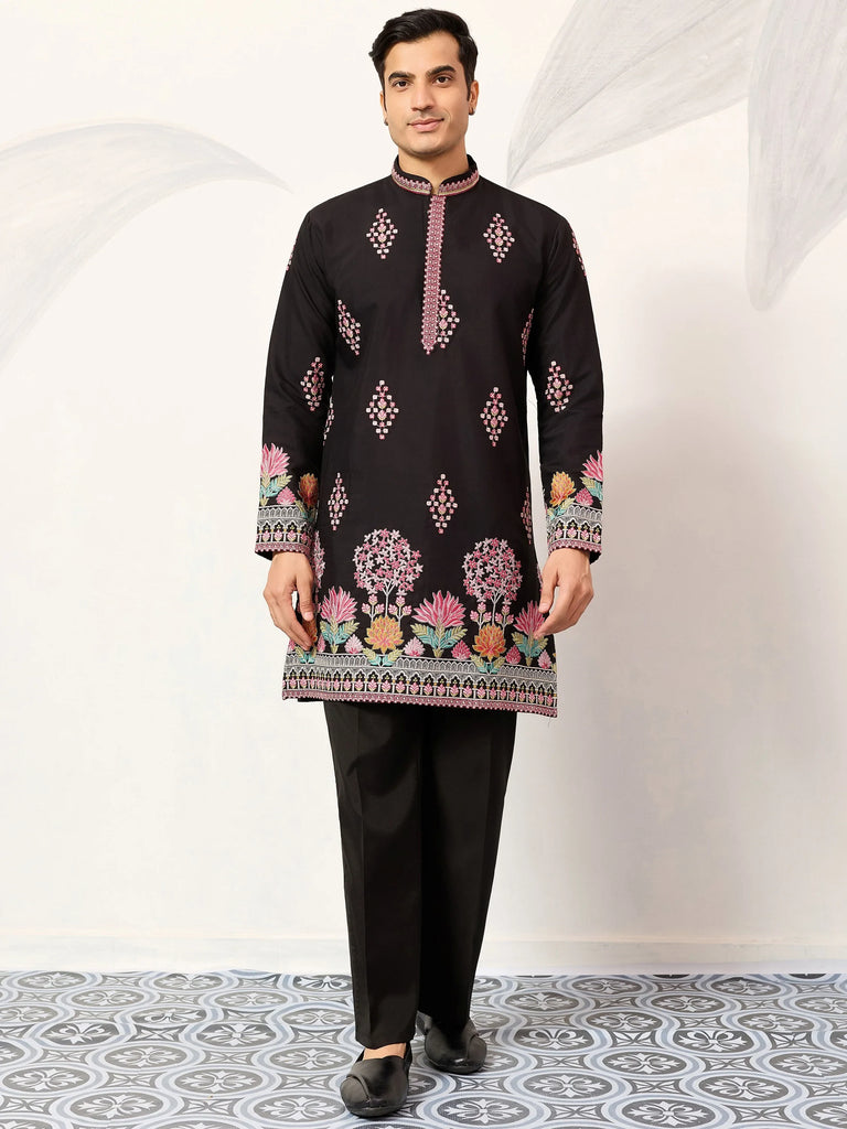 Graceful Black Thread Embroidered Silk Function Wear Men’s Kurta