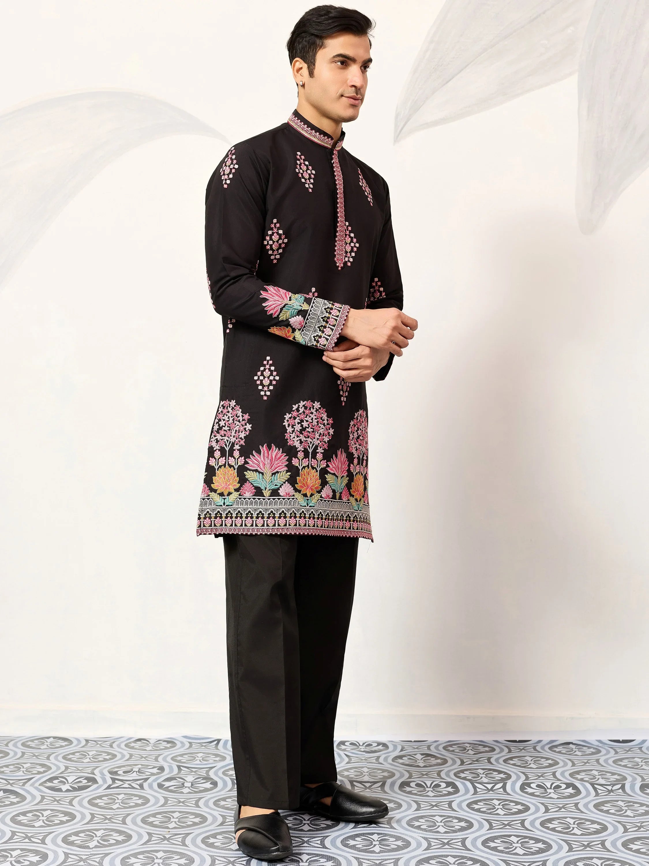 Graceful Black Thread Embroidered Silk Function Wear Men’s Kurta