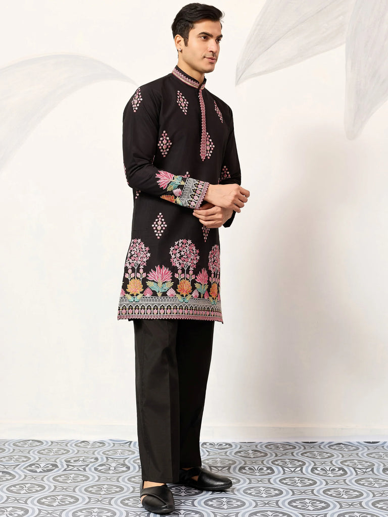 Graceful Black Thread Embroidered Silk Function Wear Men’s Kurta