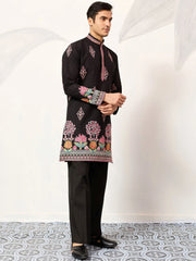 Graceful Black Thread Embroidered Silk Function Wear Men’s Kurta