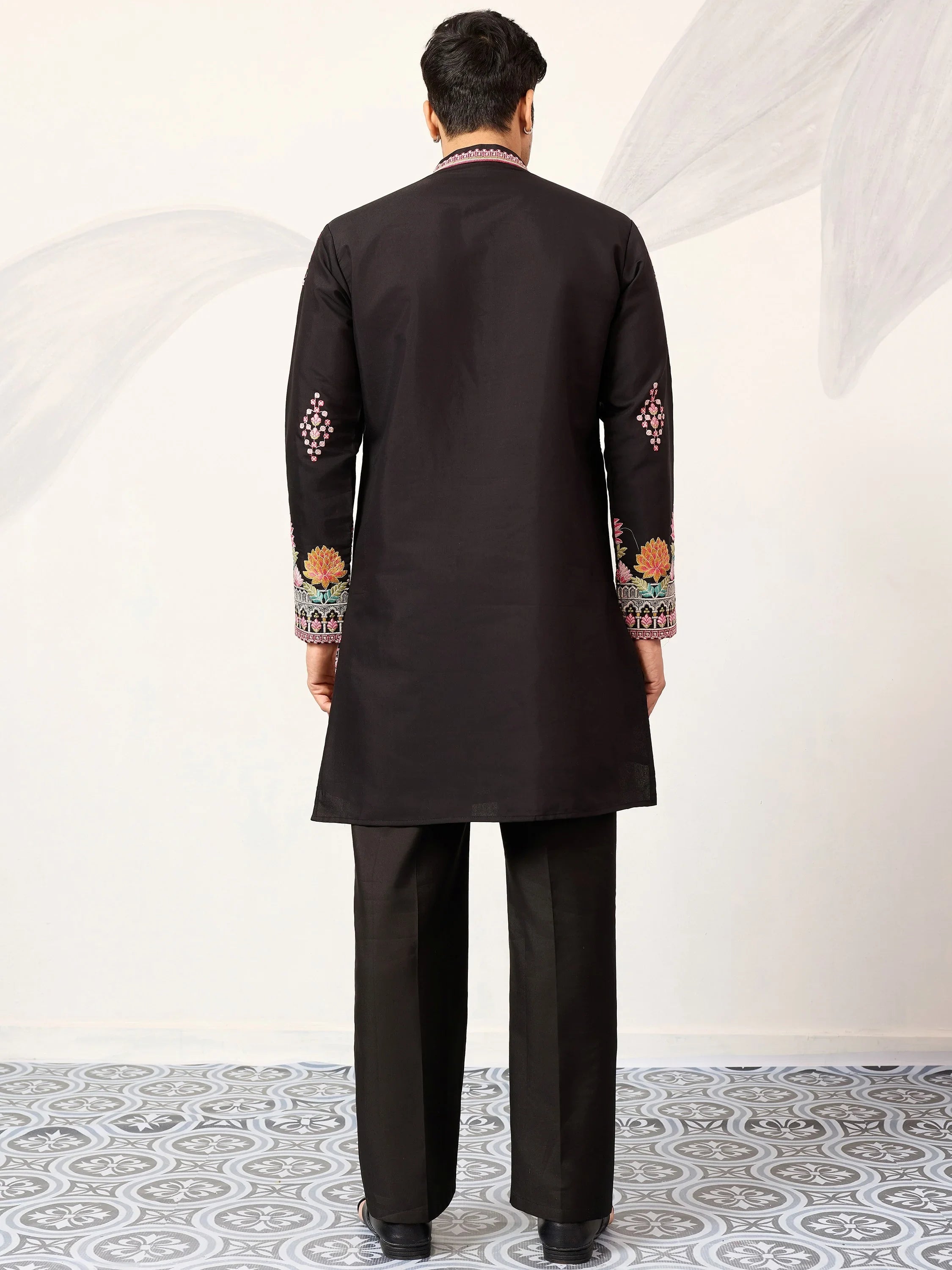 Graceful Black Thread Embroidered Silk Function Wear Men’s Kurta
