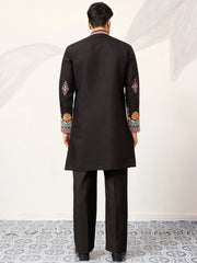 Graceful Black Thread Embroidered Silk Function Wear Men’s Kurta