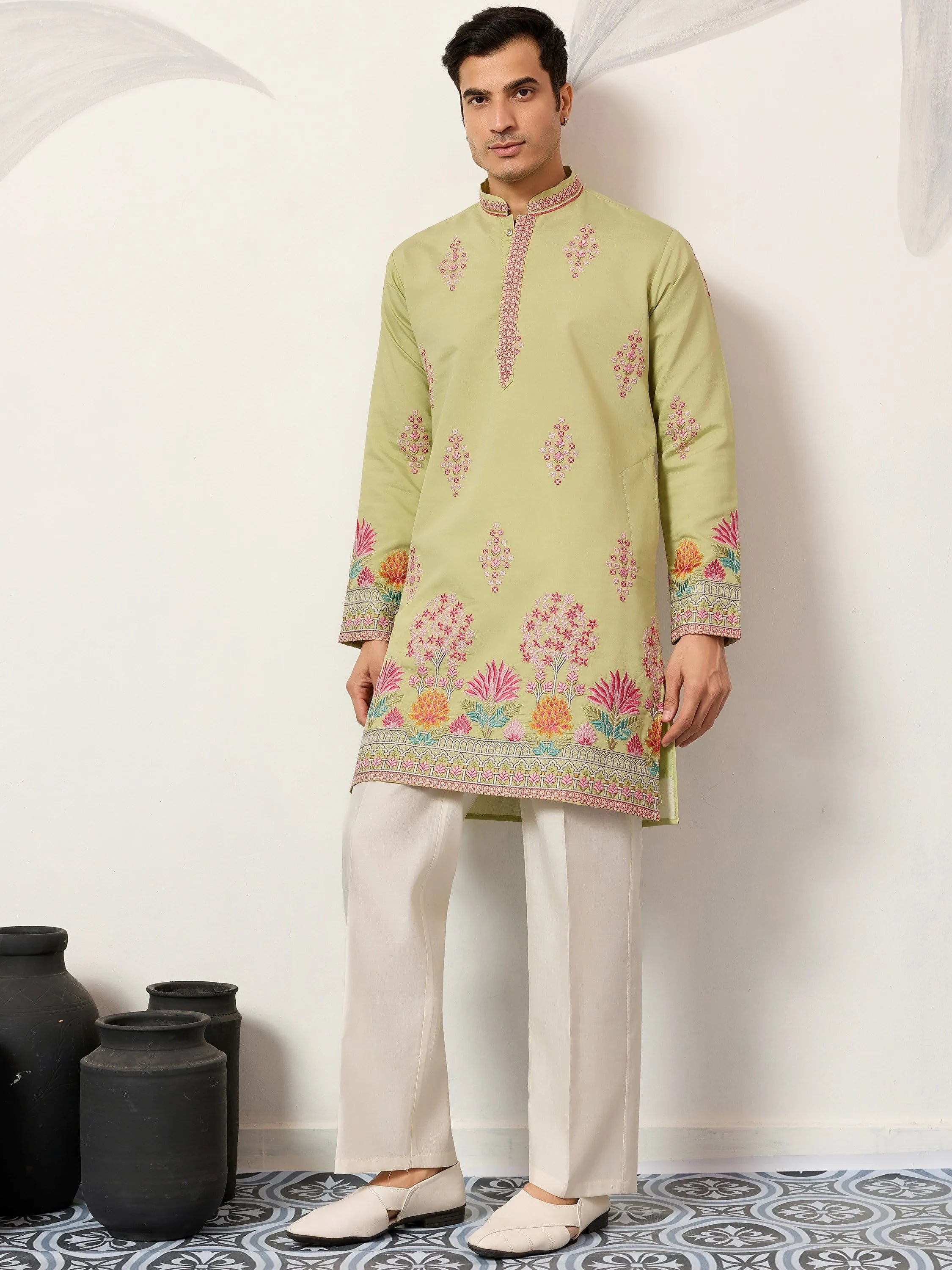 Captivating Green Thread Embroidered Silk Wedding Wear Men’s Kurta