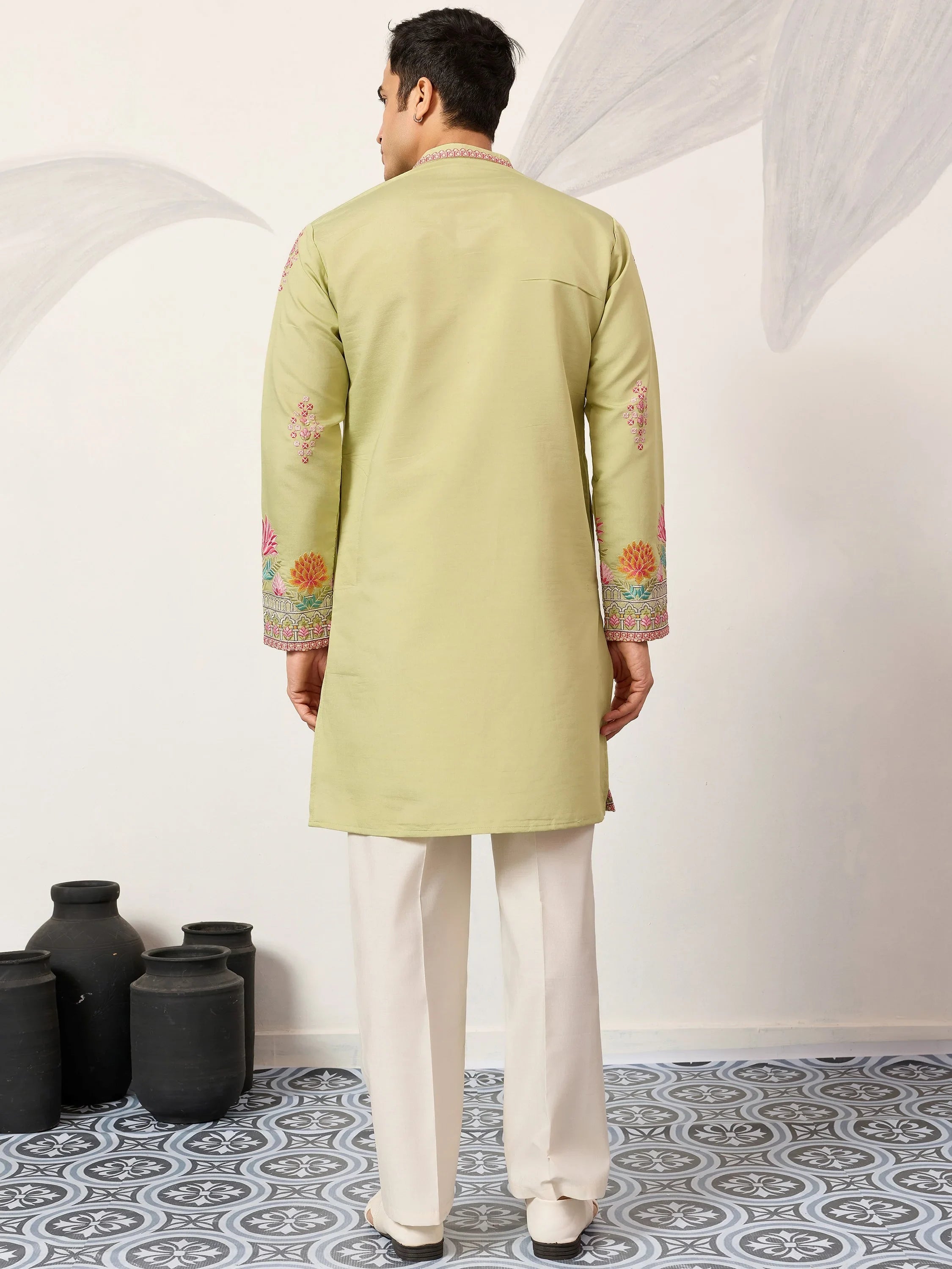 Captivating Green Thread Embroidered Silk Wedding Wear Men’s Kurta